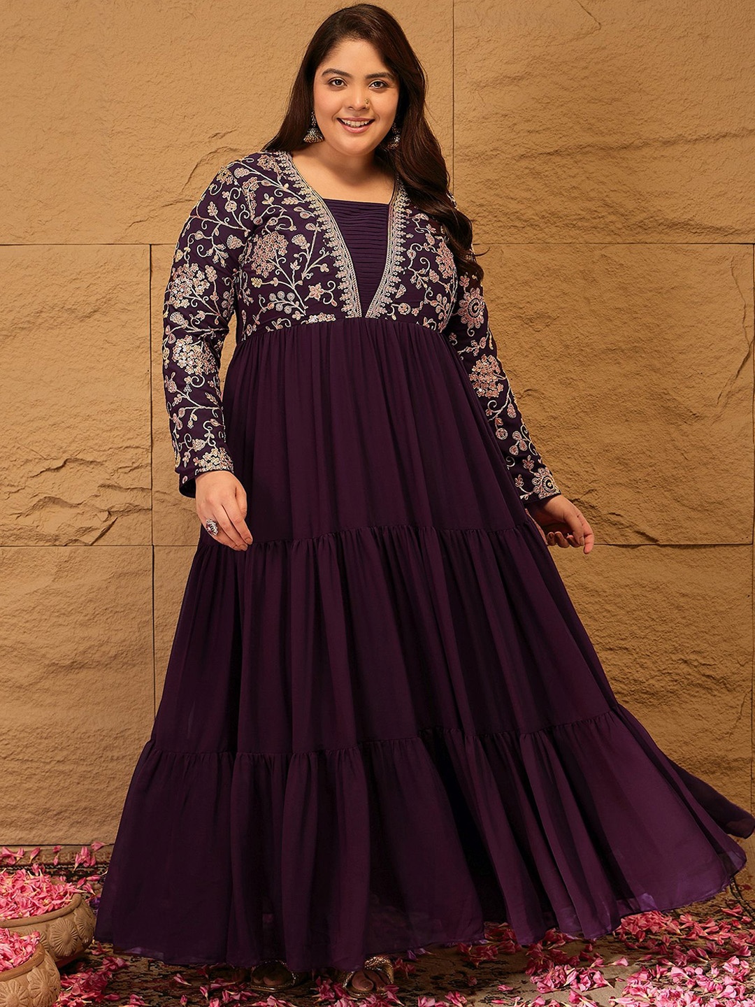 

INDDUS PLUS Embroidered Tiered Fit and Flare Ethnic Dress, Purple