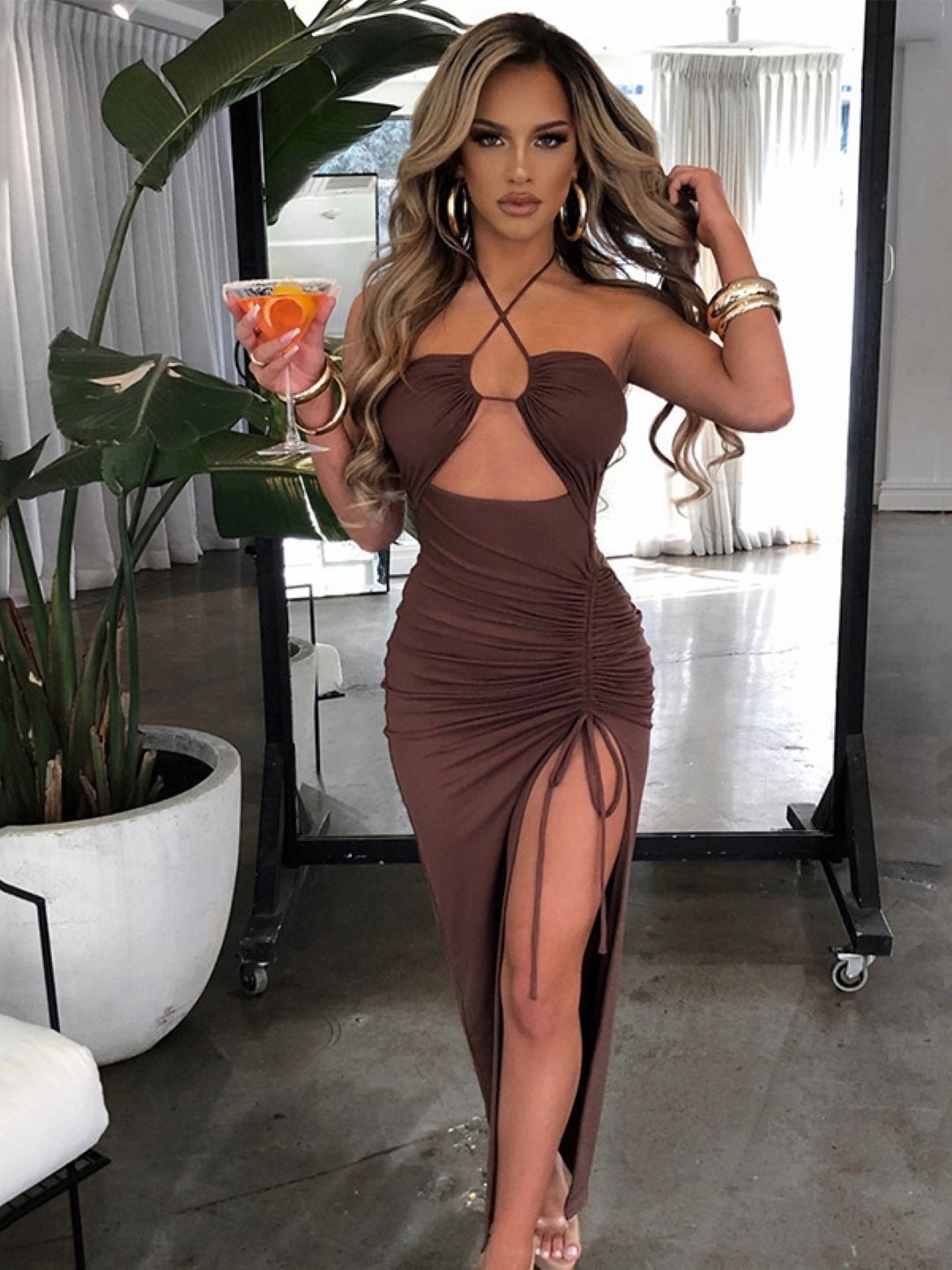 

KPOP Women Bodycon Sleeveless Maxi Dress, Brown