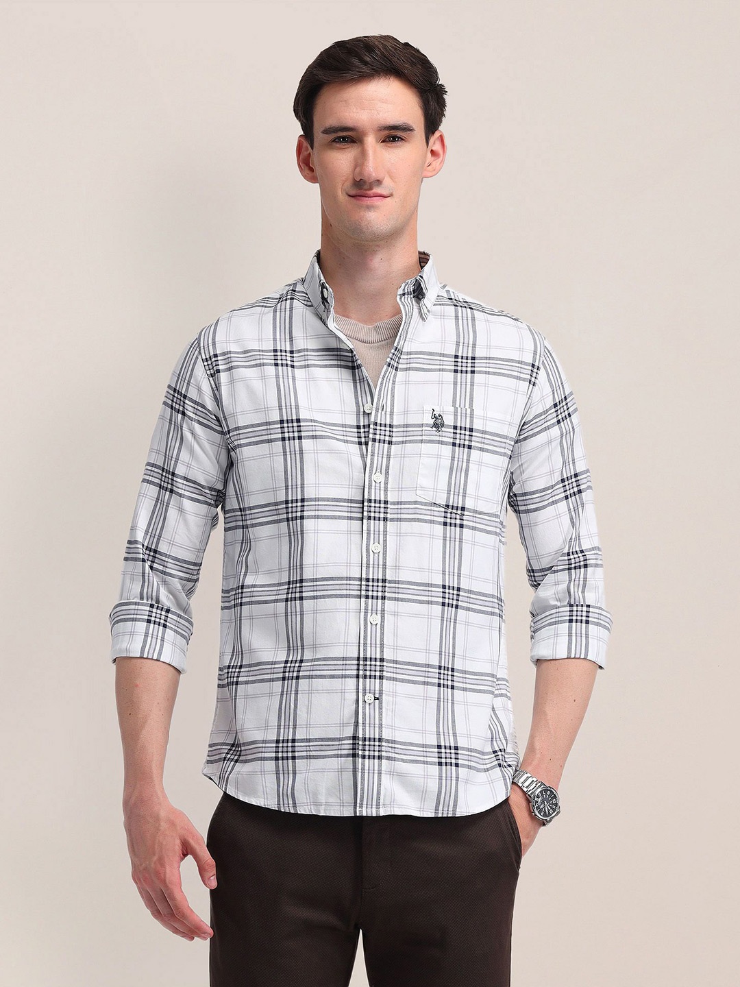 

U.S. Polo Assn. Men Button-Down Collar Checked Cotton Casual Shirt, White