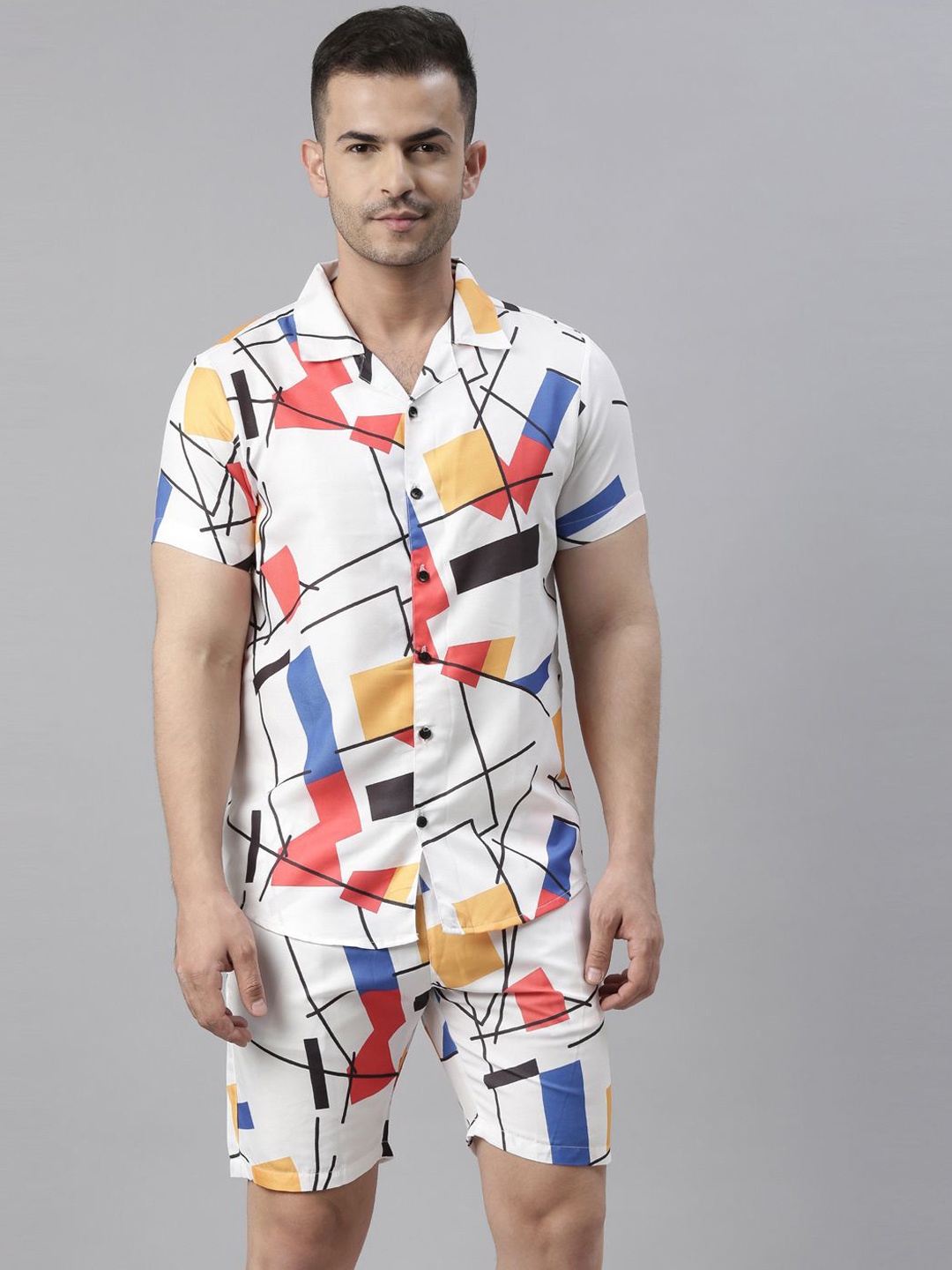 

Bushirt Geometric Printed Cuban Collar Shirt With Shorts, White