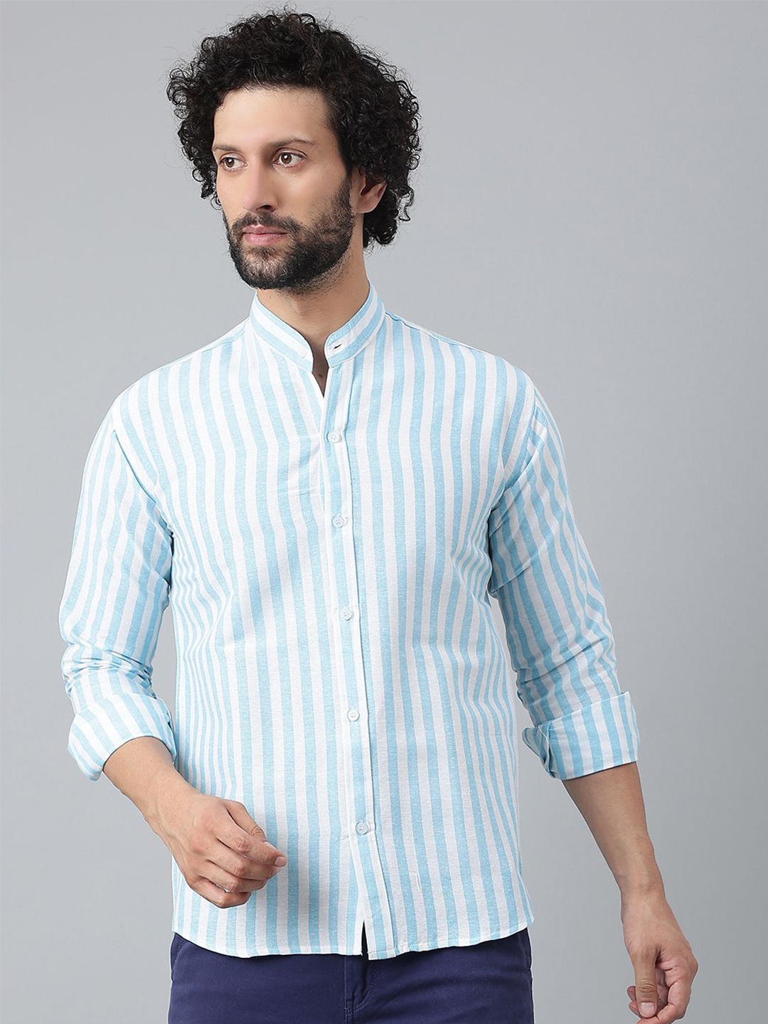 

KLOSET BY RIAG Men Classic Band Collar Vertical Striped Cotton Casual Shirt, Blue