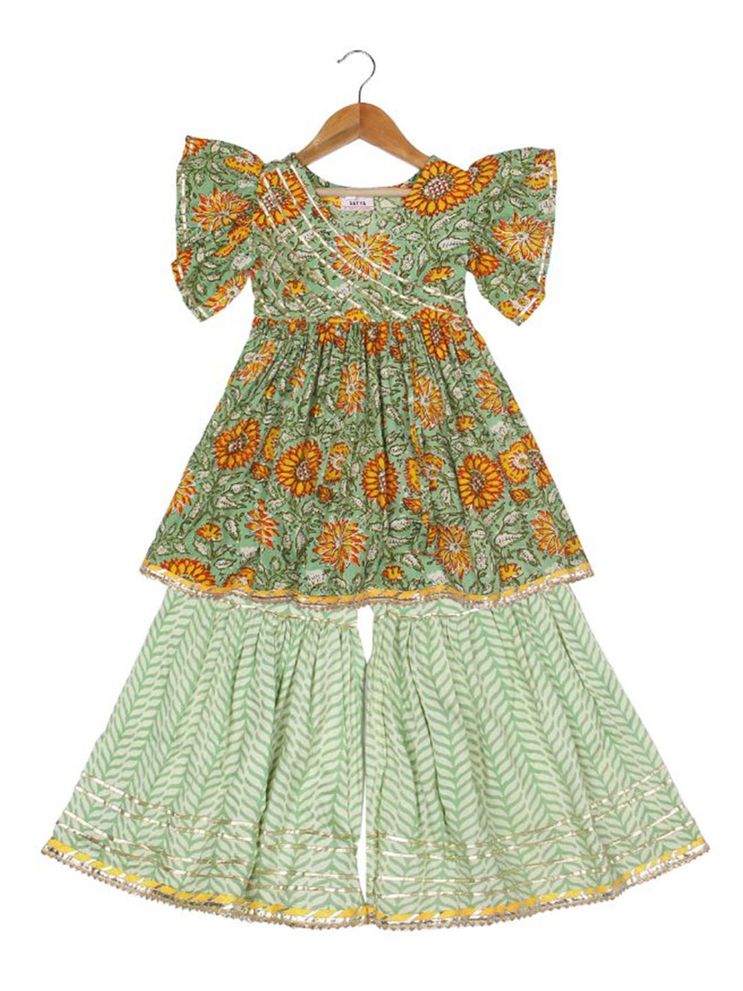 

AATYA KIIDS Girls Floral Printed Empire Gotta Patti Pure Cotton A-Line Kurta with Sharara, Green