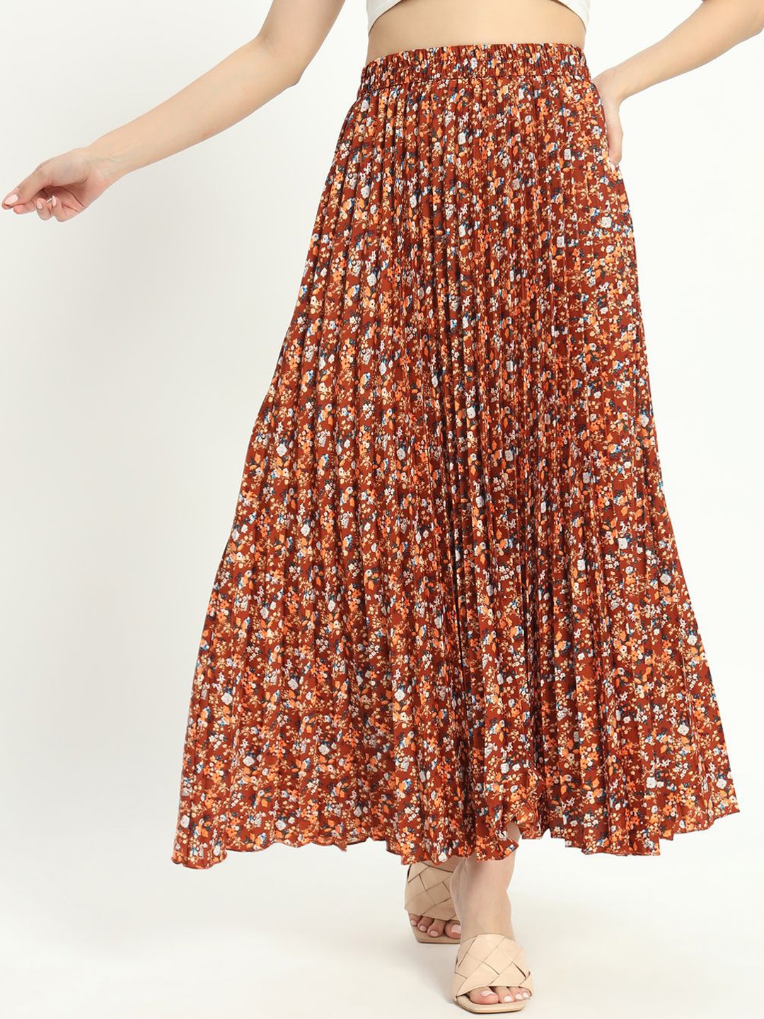 

ZWERLON Women Floral Printed Accordion Pleated A-Line Maxi Skirt, Brown