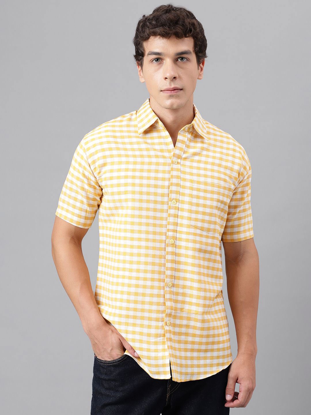 

KLOSET BY RIAG Men Classic Spread Collar Micro Checked Cotton Casual Shirt, Yellow