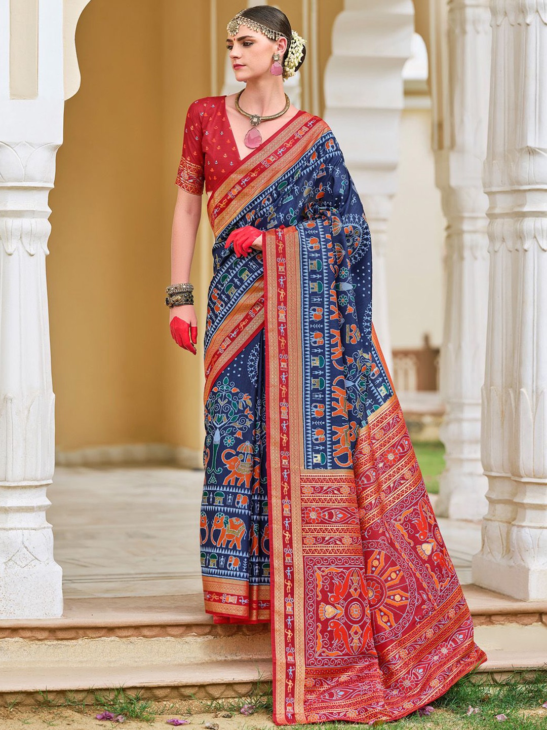 

Anouk Warli Printed Patola Saree With Zari Border, Navy blue