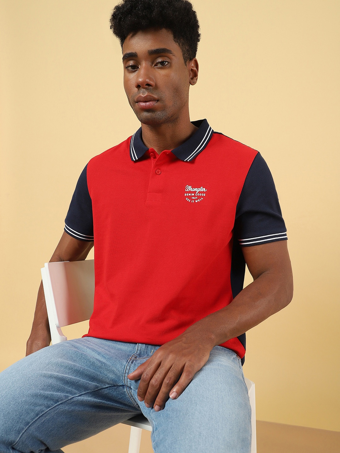 

Wrangler Colourblocked Polo Collar Cotton T-Shirt, Red