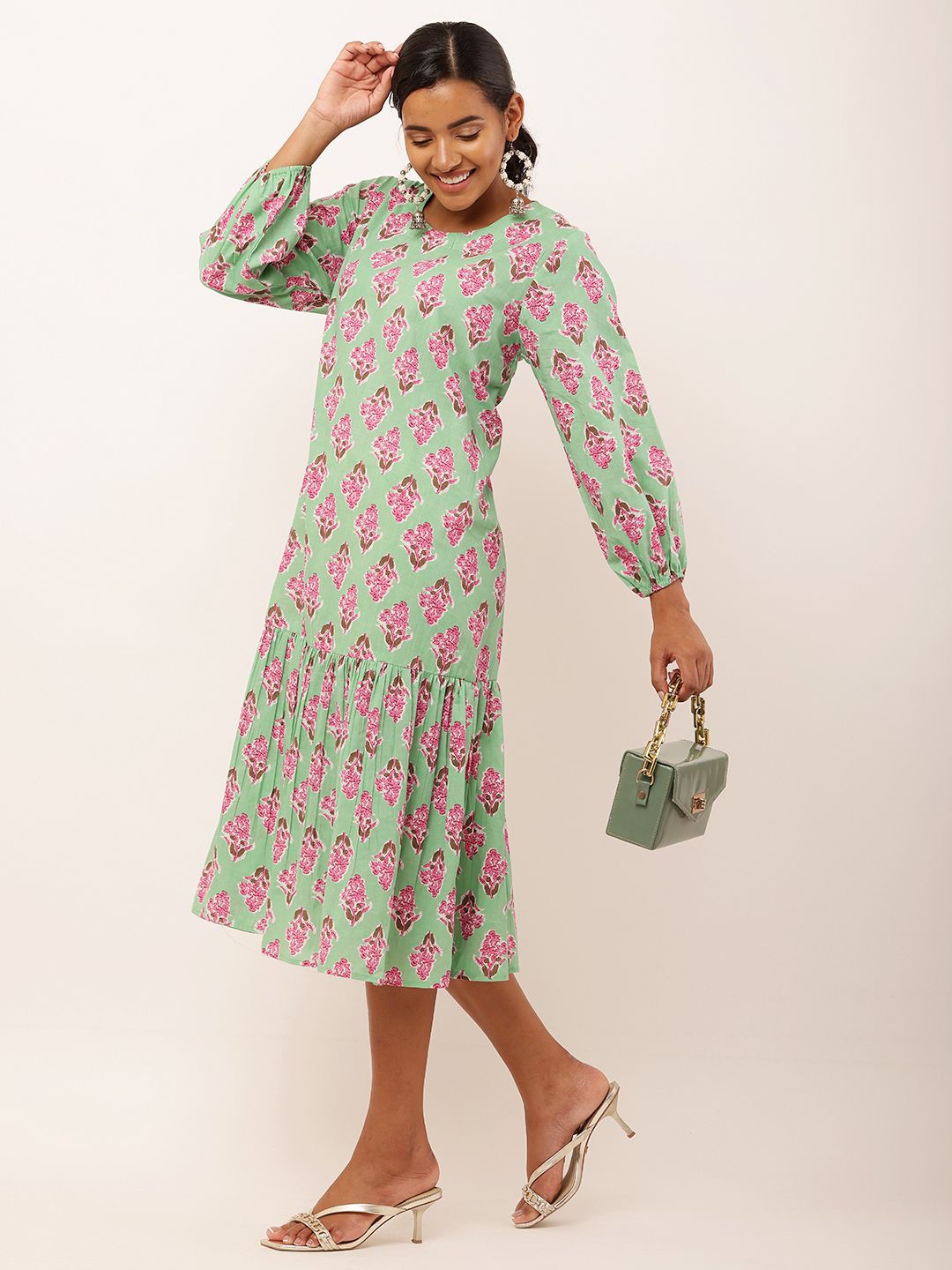 

ROZANAJAIPUR Floral Print A-Line Selena Pista Dress, Green
