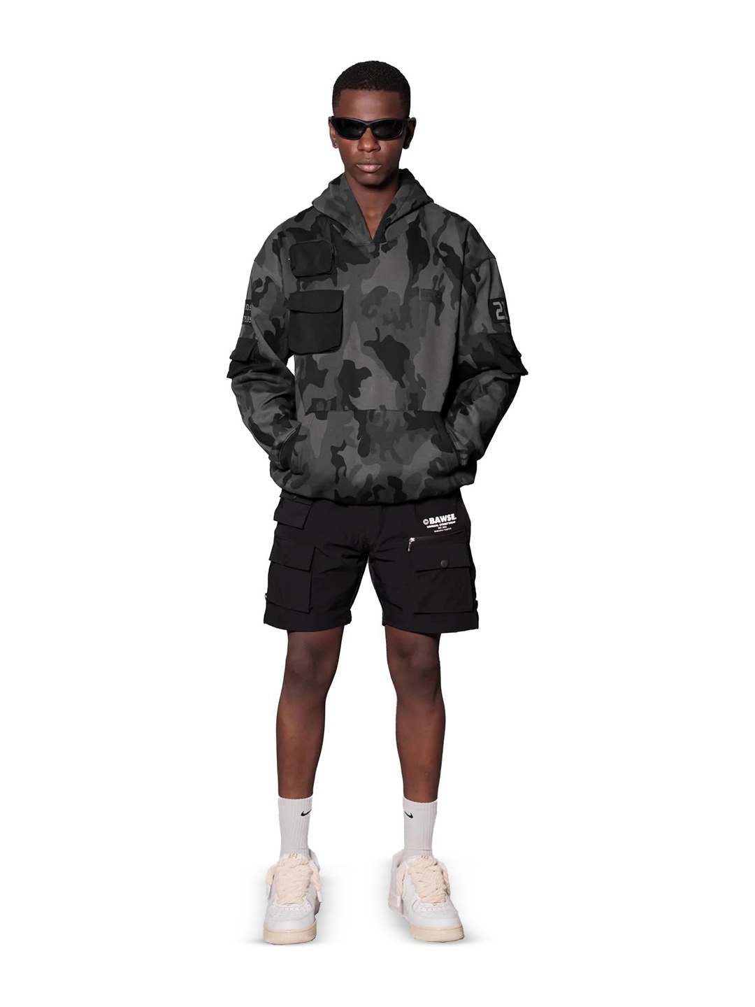 

BAWSE. Unisex Camouflage Printed Hood Pullover Sweatshirt, Black