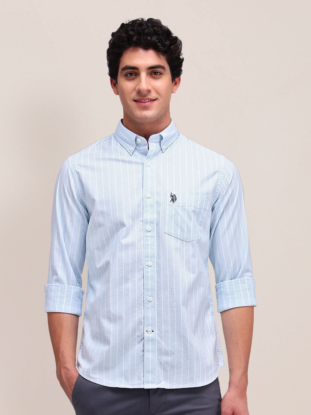 

U.S. Polo Assn. Men Classic Button-Down Collar Vertical Striped Cotton Casual Shirt, Blue