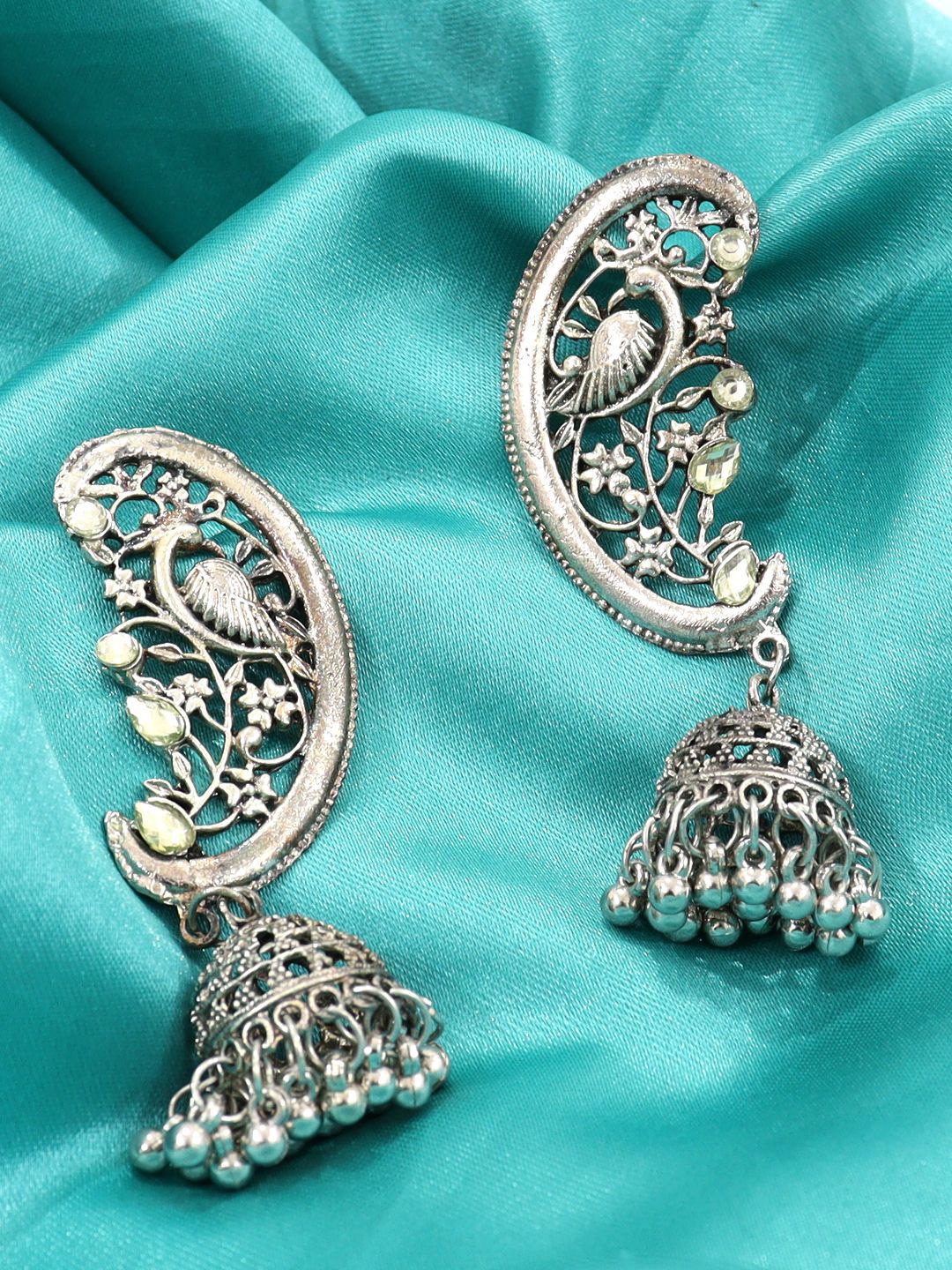 

Krelin Silver-Plated Dome Shaped Stone Studded Antique Jhumkas