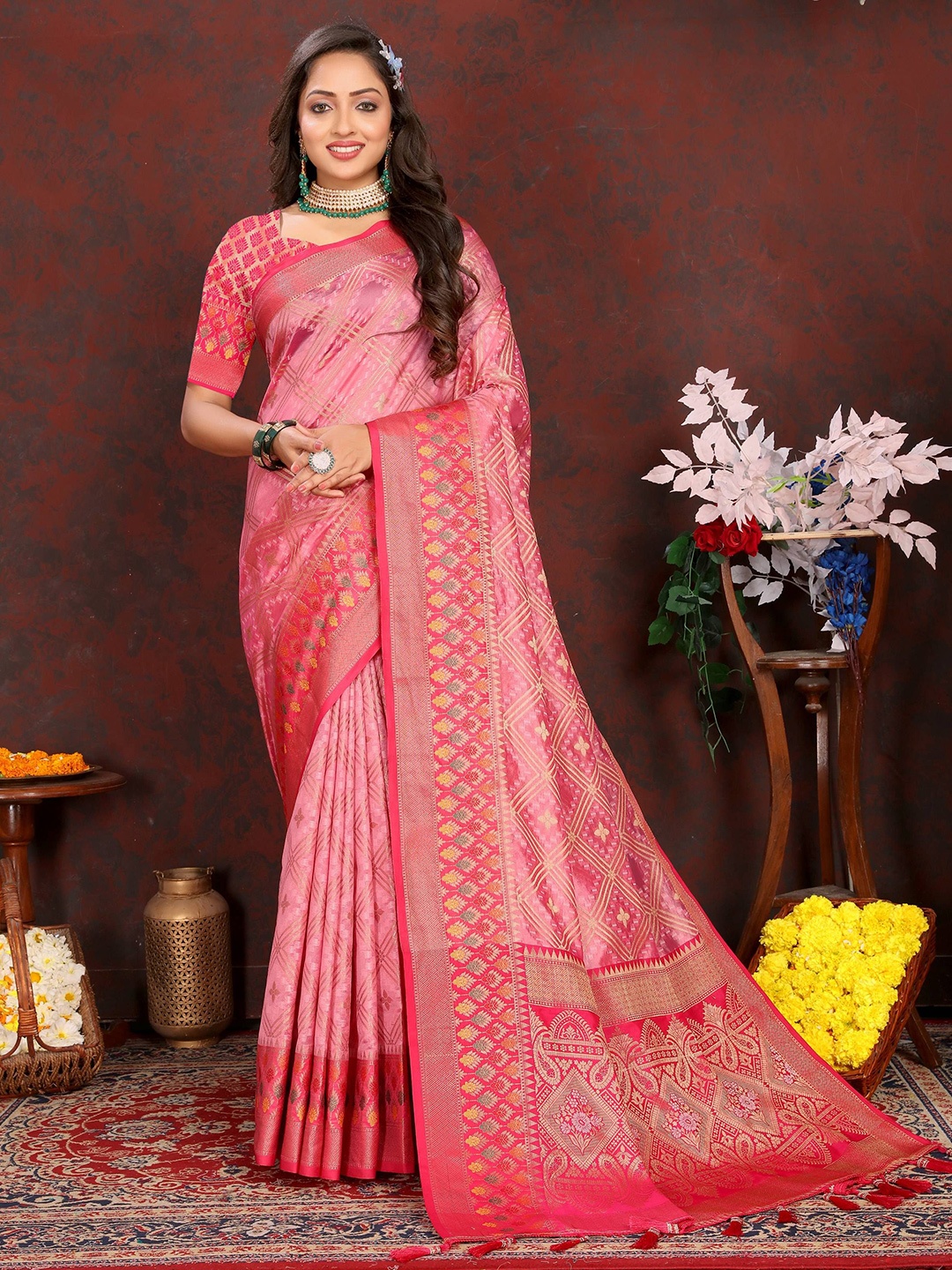 

Zeekha Woven Design Pure Silk Kanjeevaram Saree, Pink