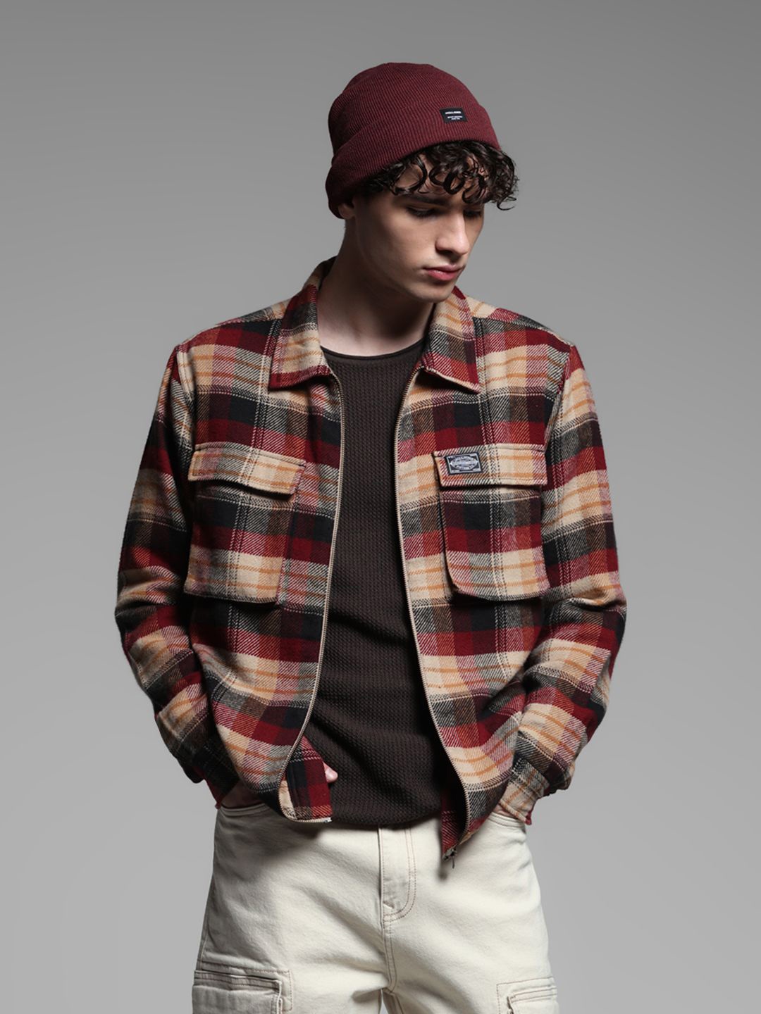 

Jack & Jones Men Spread Collar Tartan Checked Cotton Oversized Casual Shirt, Red