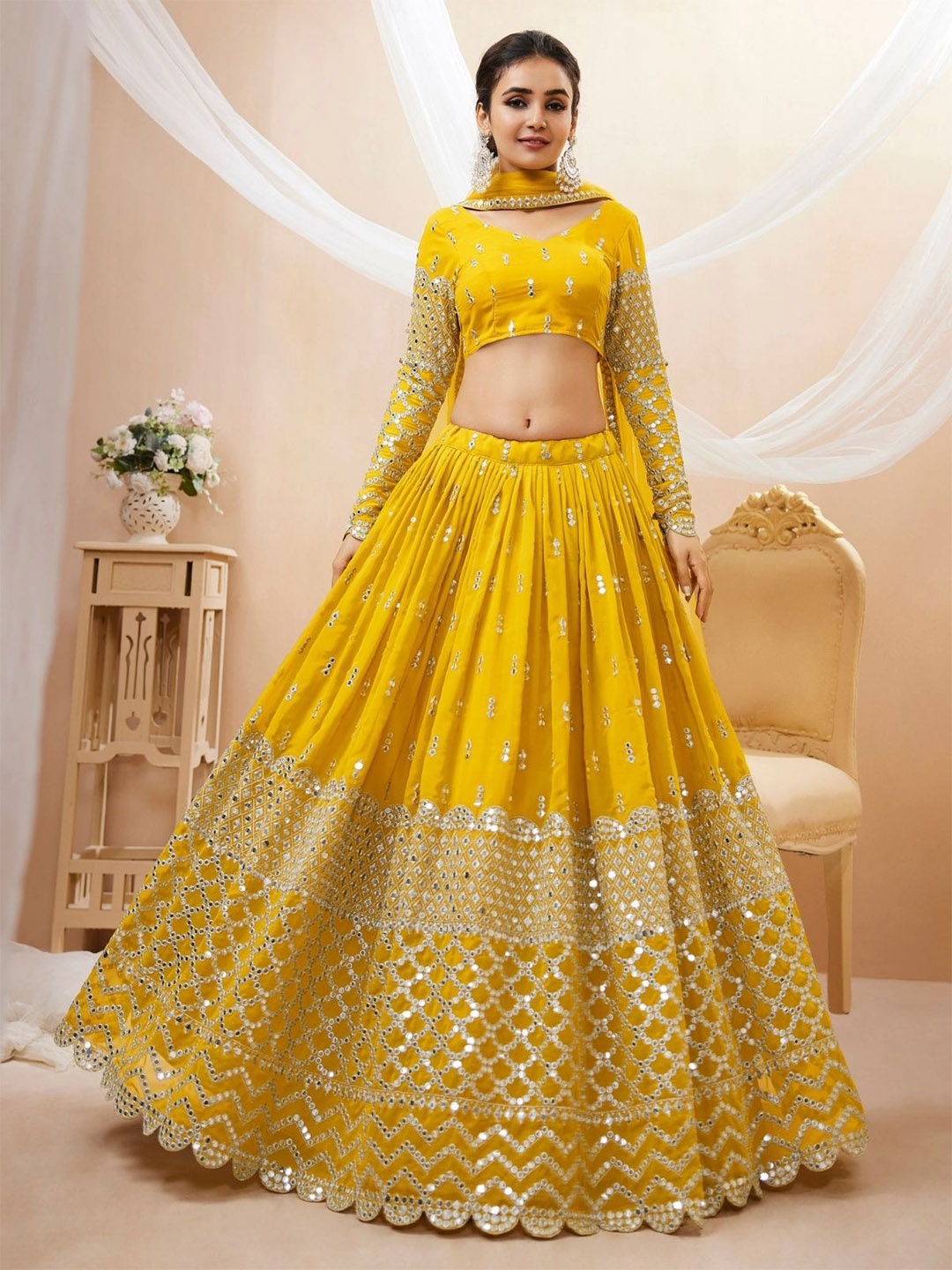 

ODETTE Embellished Mirror Work Semi-Stitched Lehenga & Unstitched Blouse With Dupatta, Yellow