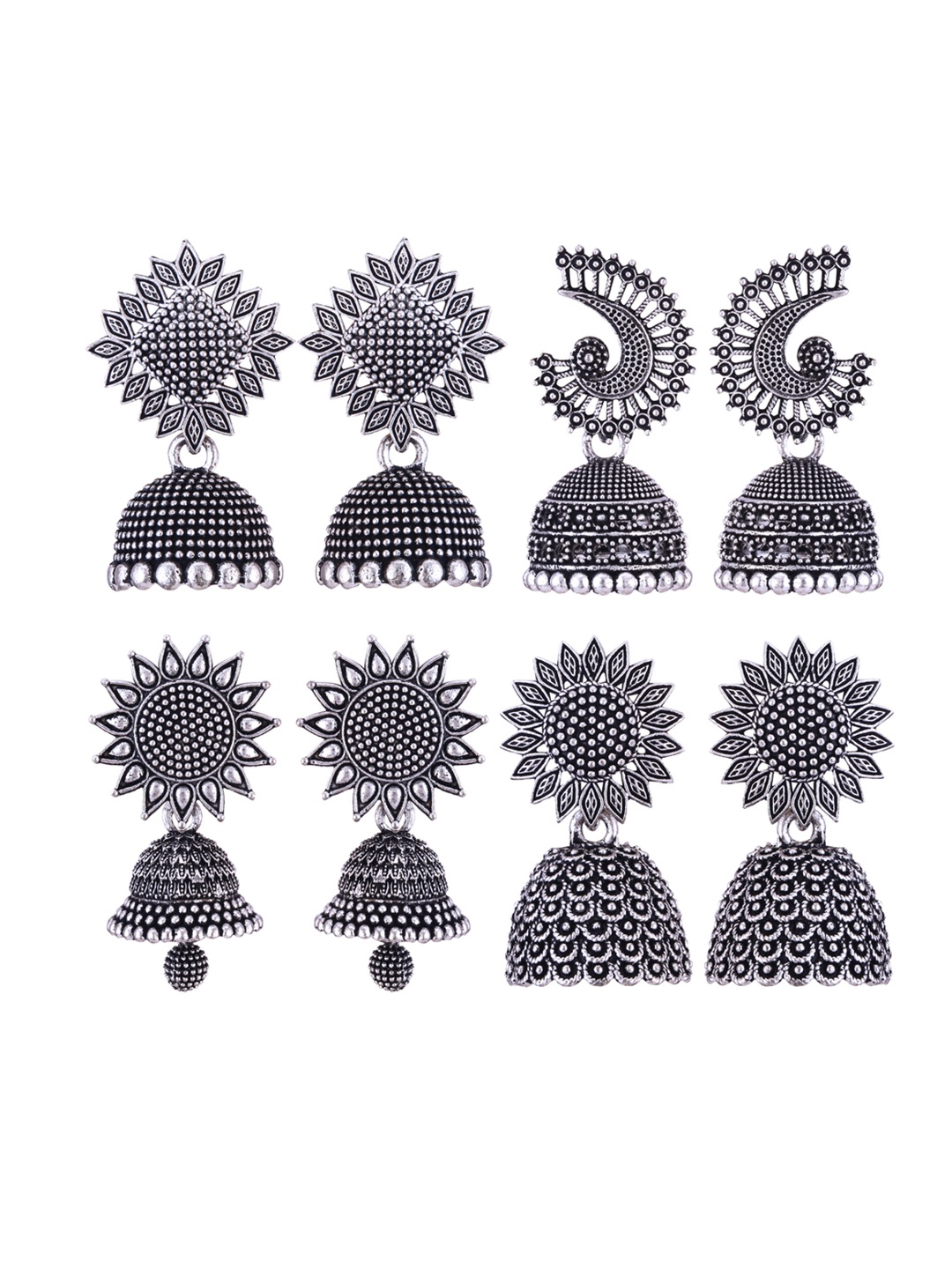 

DIVASTRI Set Of 4 Silver-Plated Peacock Shaped Stone Studded Oxidised Jhumkas