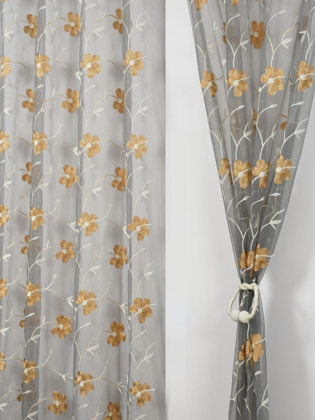 

Aura Grey & Beige Set of 2 Embroidered Sheer Door Curtain