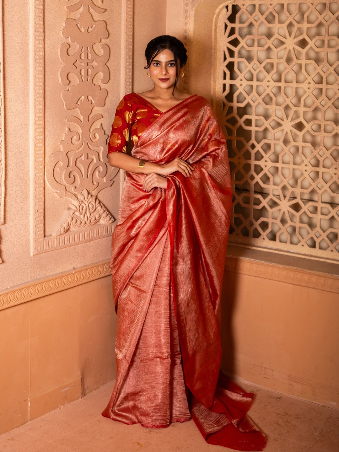 

Uttariya Solid Tissue Saree with Blouse Piece, Rose gold
