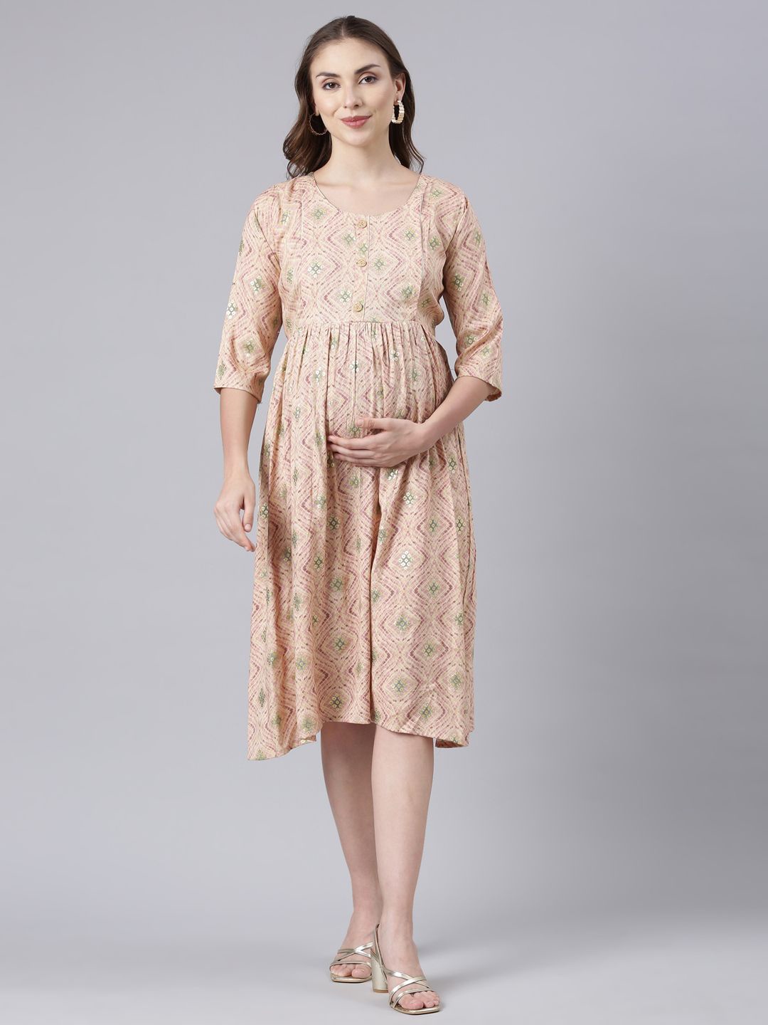 

THE MAMA KLUB Women Ethnic Motifs Print Fit & Flare Maternity Dresses, Beige