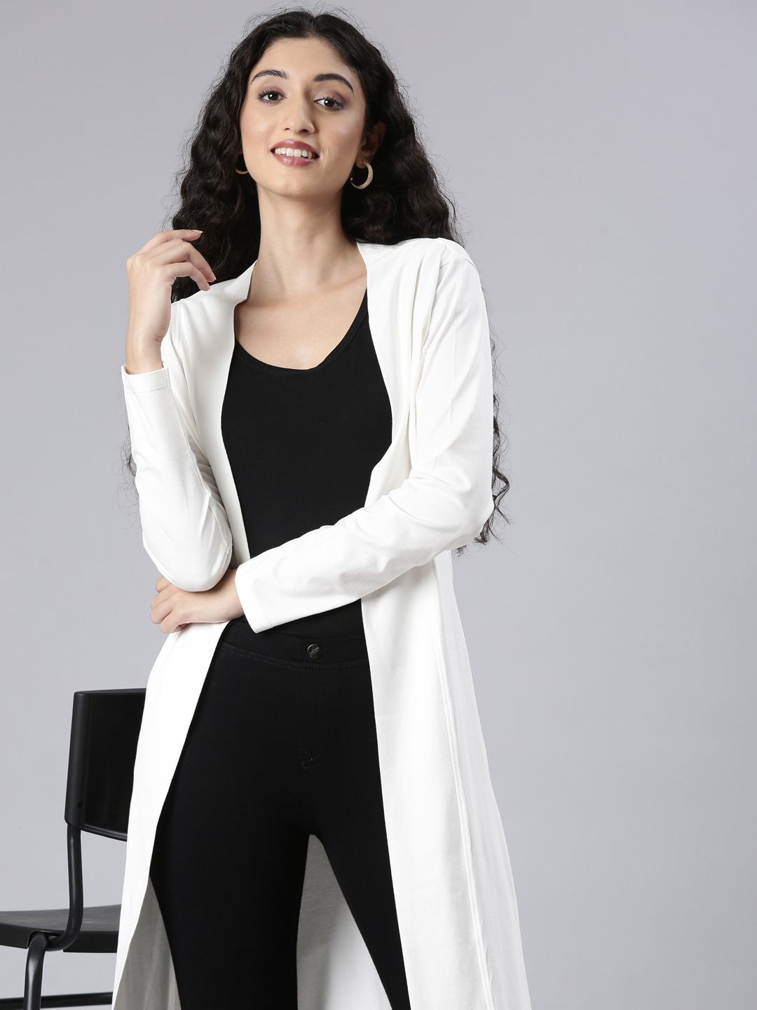 

TWIN BIRDS Long Sleeves Pure Cotton Longline Open Front Shrug, Off white