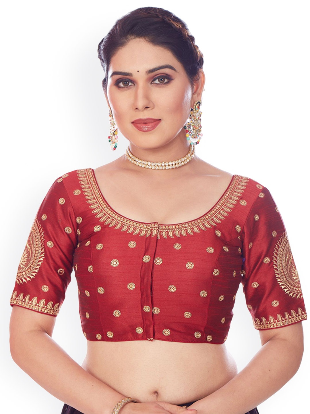 

Mmore Embroidered Padded Saree Blouse, Maroon