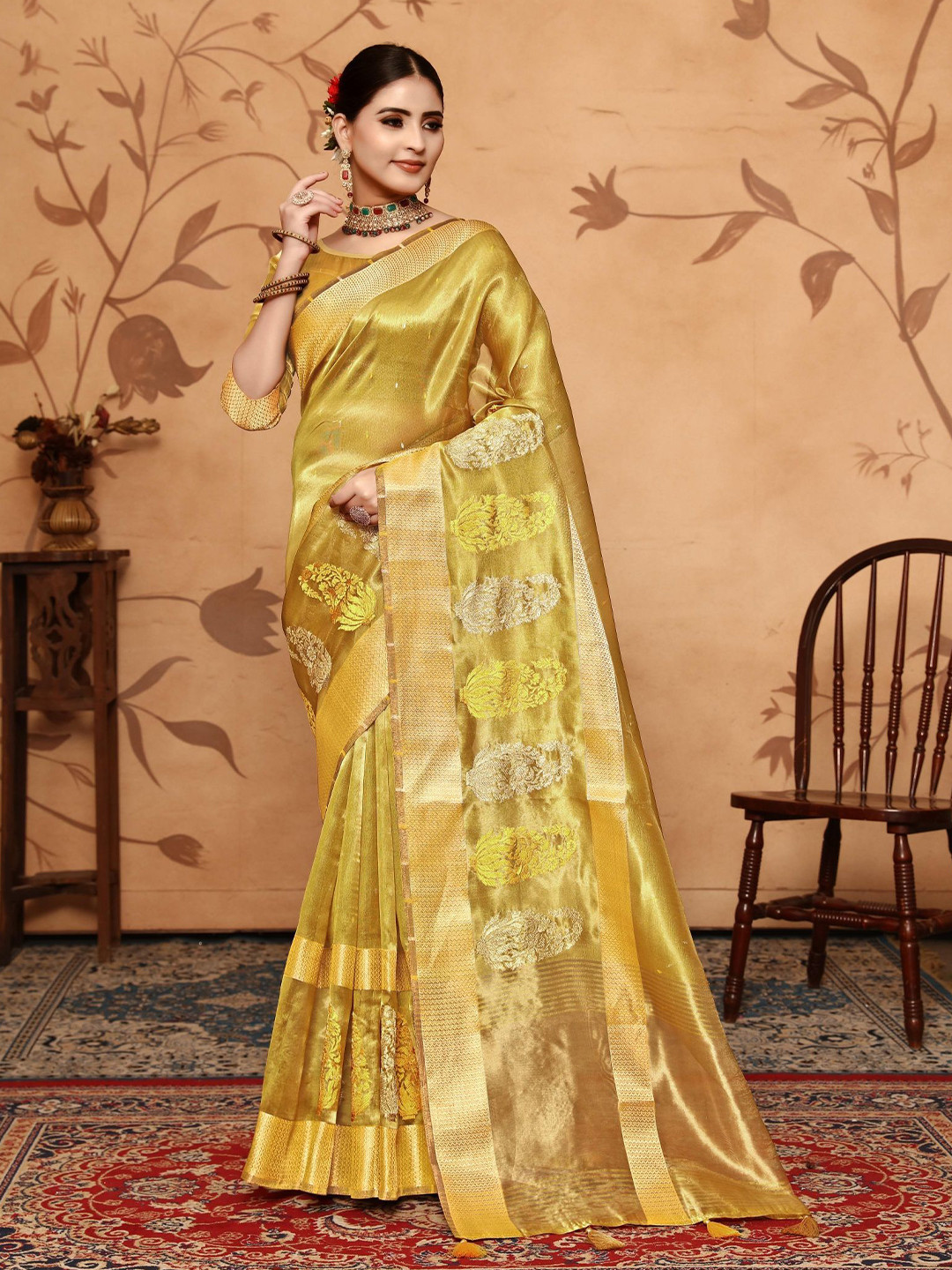 

VIRICA Embellished Patchwork Saree, Yellow