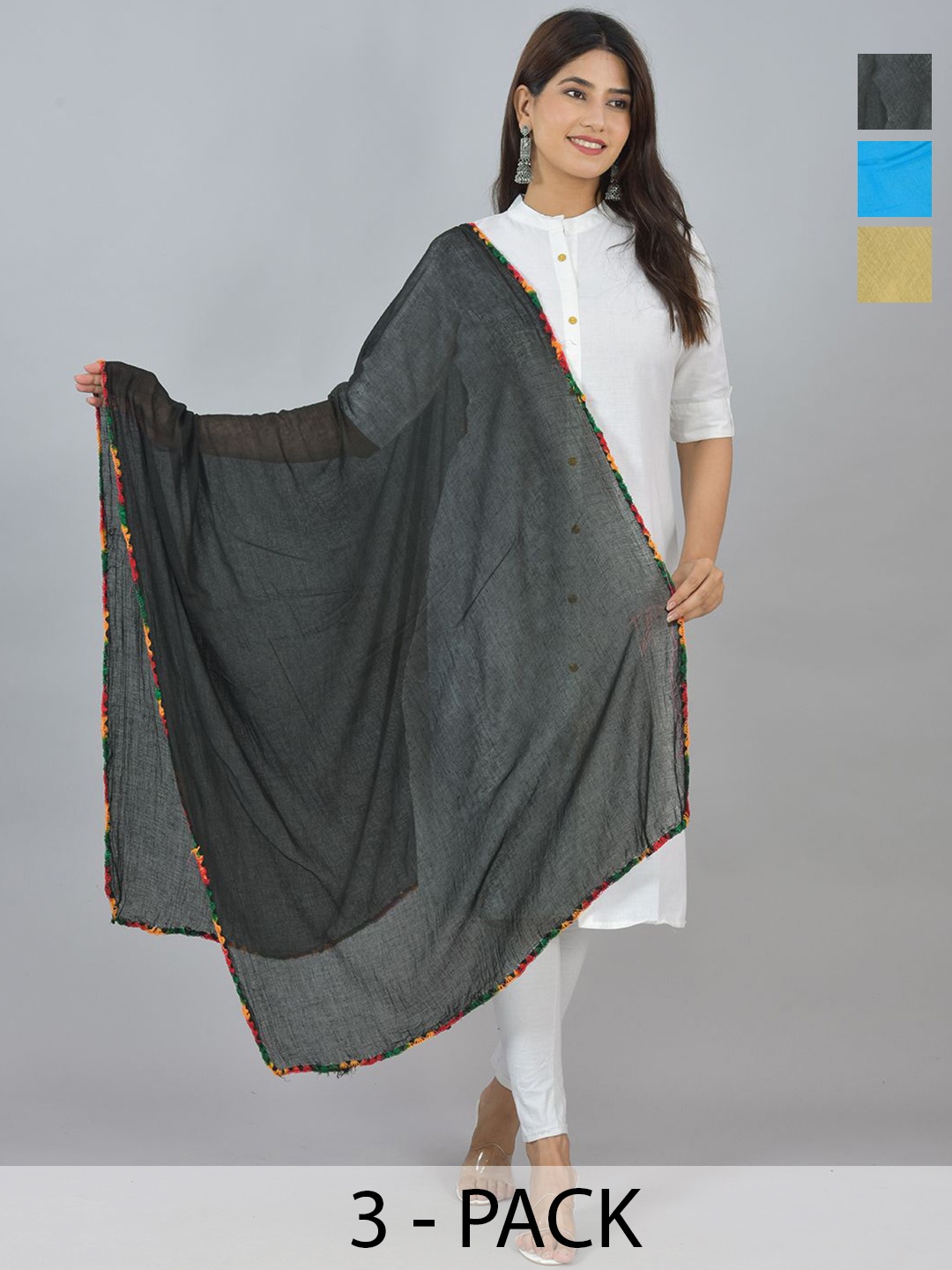 

LA FEMINAE Pack Of 3 Pure Cotton Dupatta, Beige