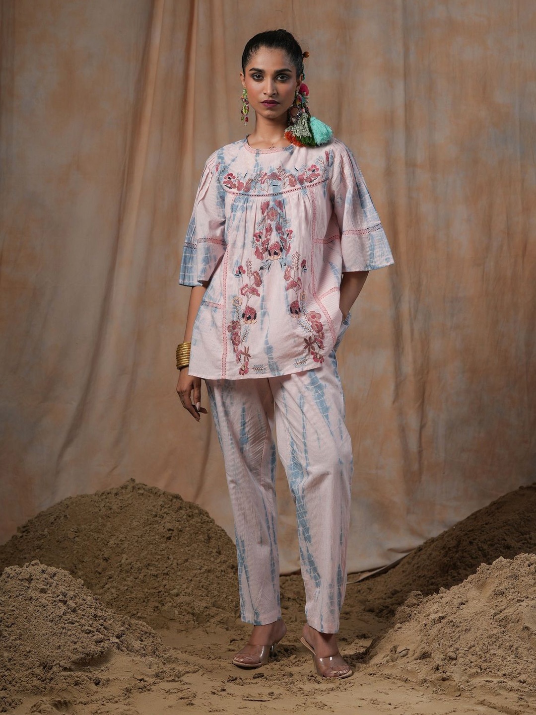 

Nyaro Tie-Dye Embroidered Pure Cotton Tunic With Trousers, Blue