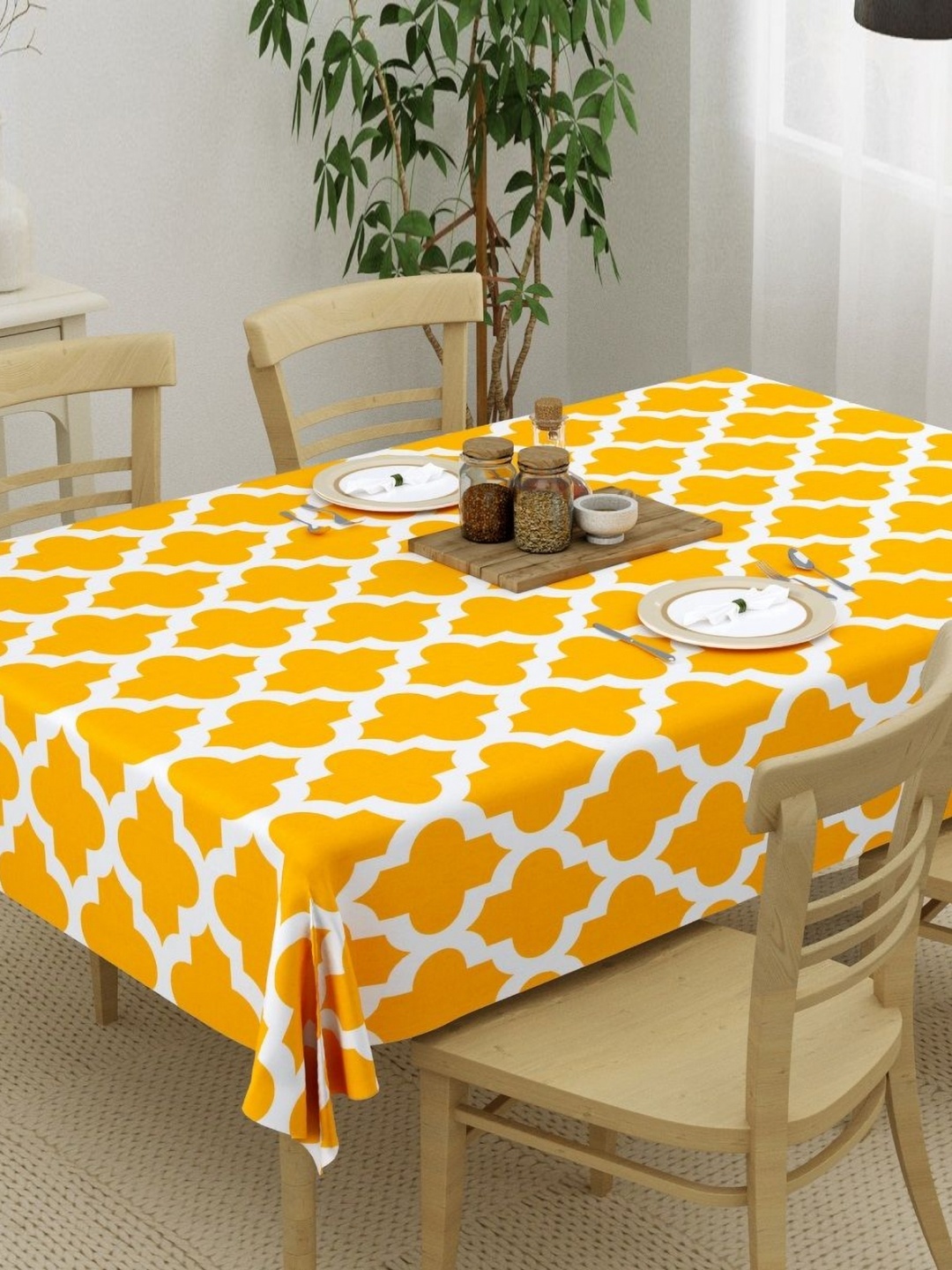 

HOMEMONDE Yellow Geometric Printed Cotton 4-Seater Table Cover