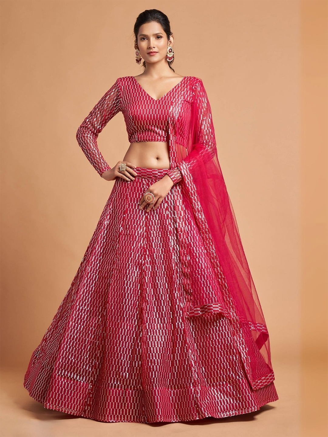 

ODETTE Embroidered Sequinned Net Semi-Stitched Lehenga & Blouse With Dupatta, Pink