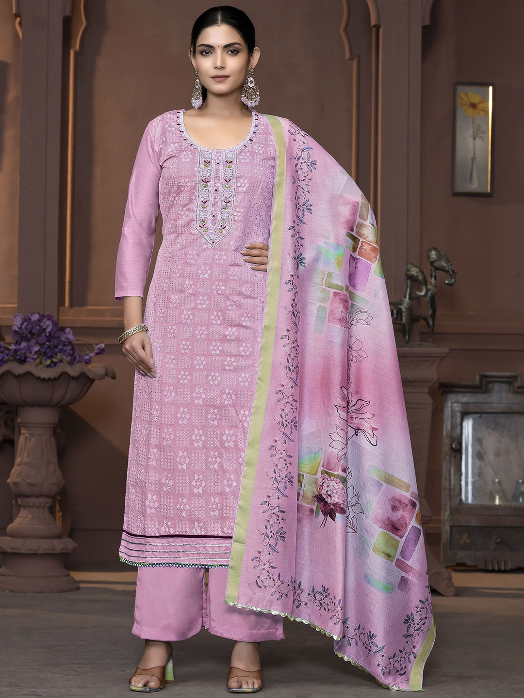 

Maroosh Floral Embroidered Thread Work Cotton Unstitched Dress Material, Pink