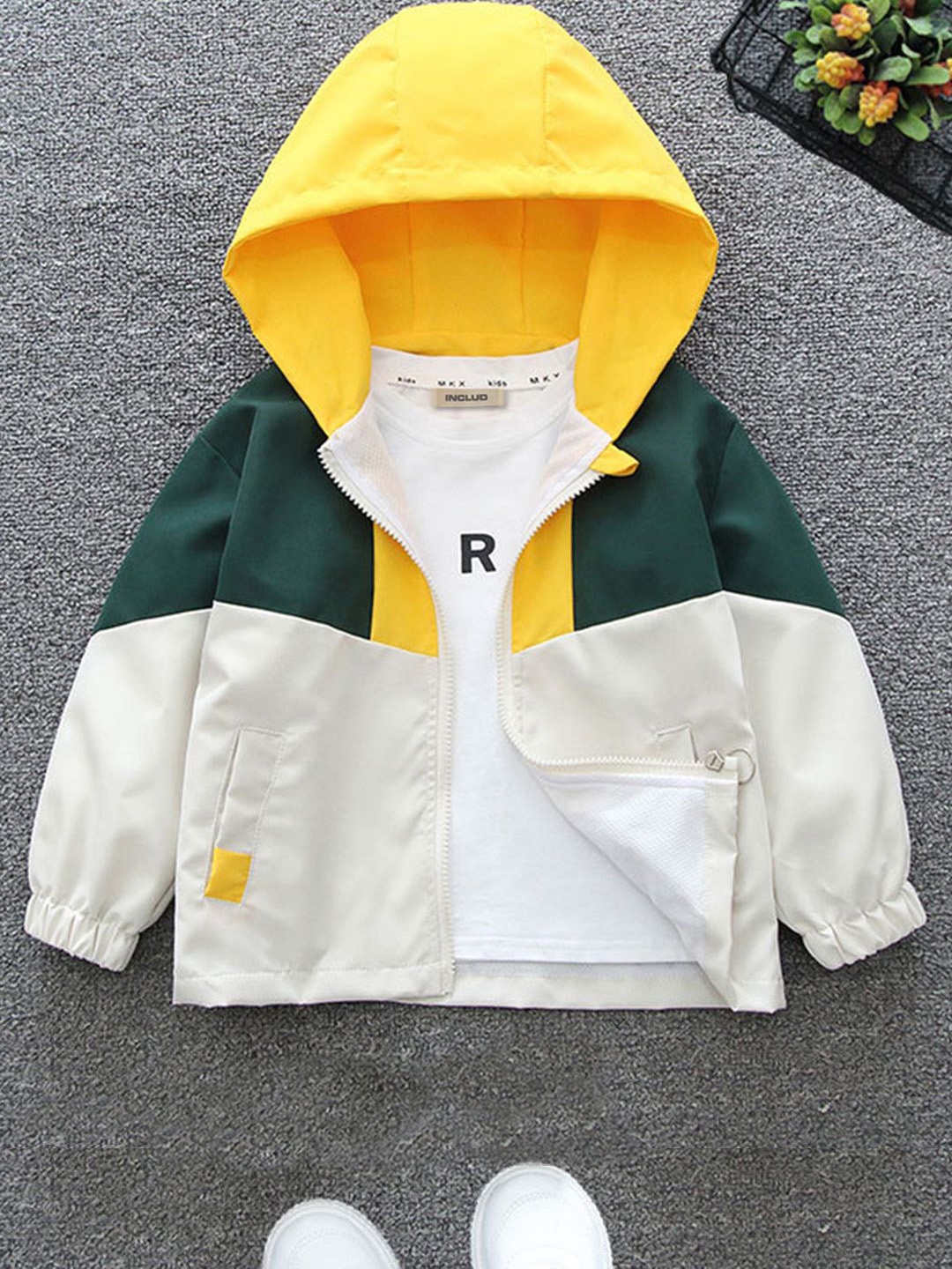 

INCLUD Boys Colourblocked Hooded Neck Full Sleeves Open Front Jacket, Off white