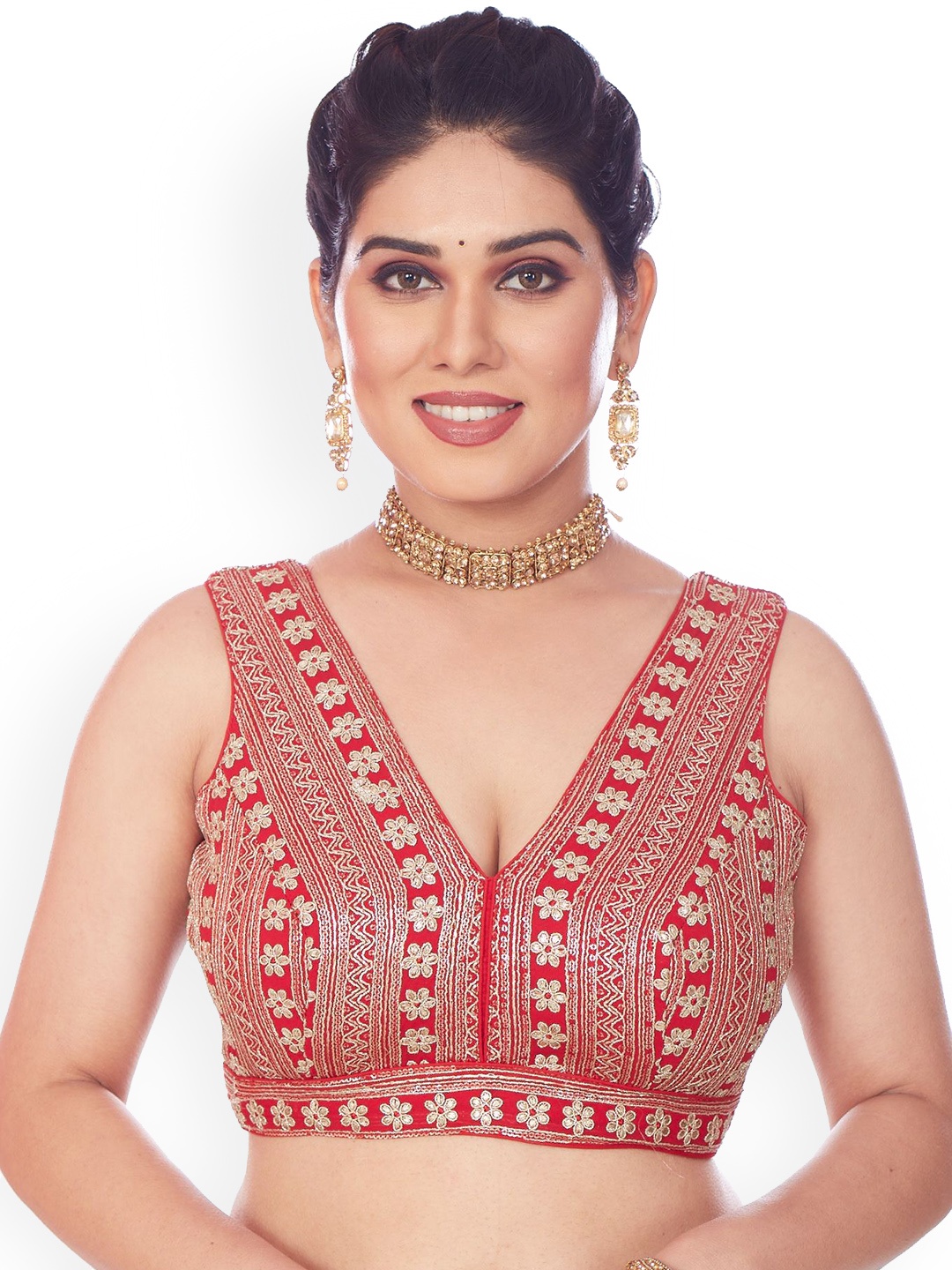 

Mmore Embroidered V- Neck Saree Blouse, Red