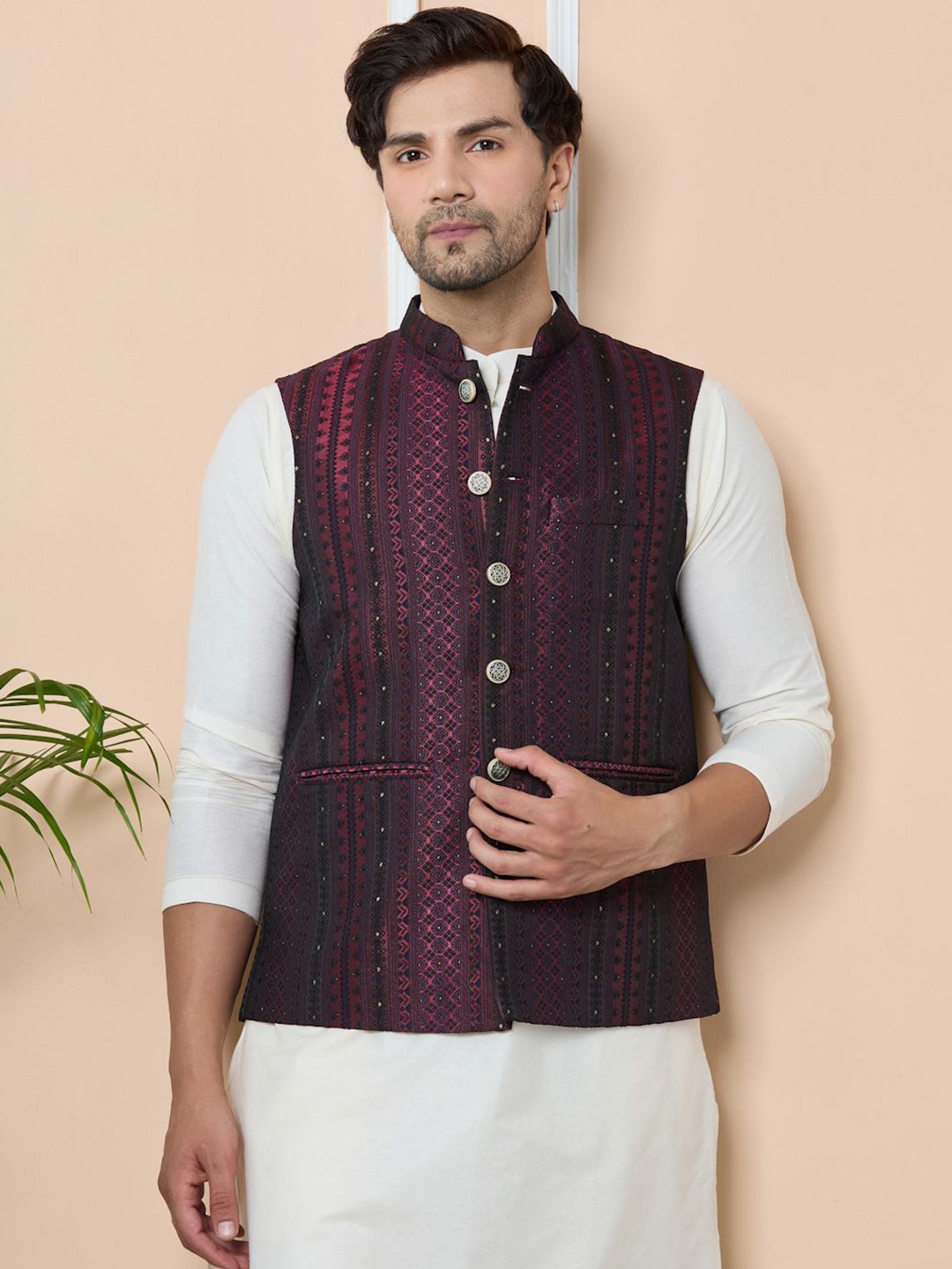 

See Designs Woven Design Nehru Jacket, Maroon