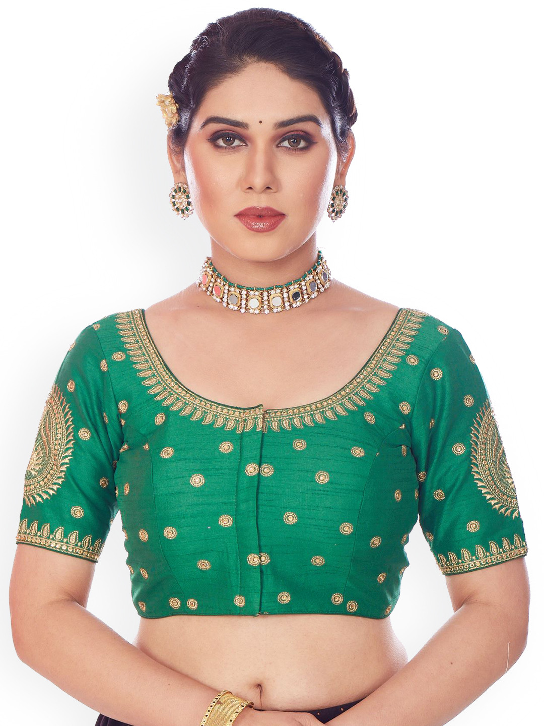 

Mmore Embroidered Padded Saree Blouse, Green