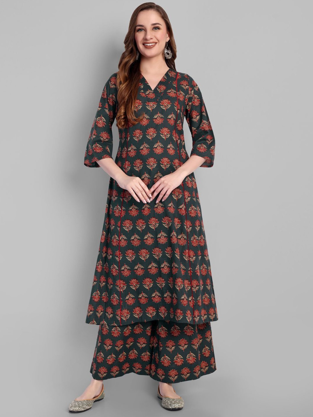 

Mera Rang Women Floral Printed Regular Pure Cotton Kurta with Palazzos, Green
