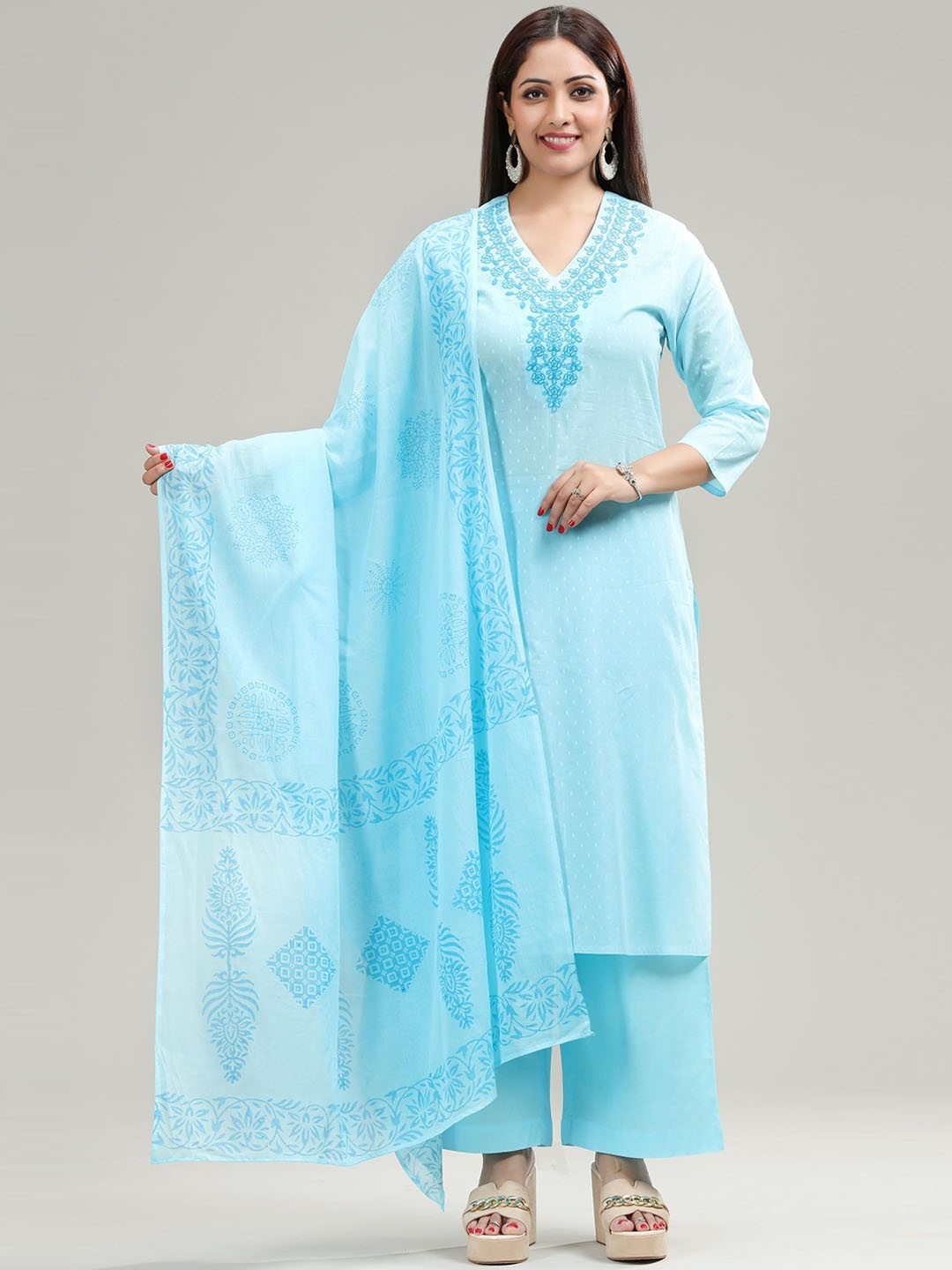 

COTTON CULTURE Floral Embroidered Pure Cotton Kurta With Palazzos & Dupatta, Blue