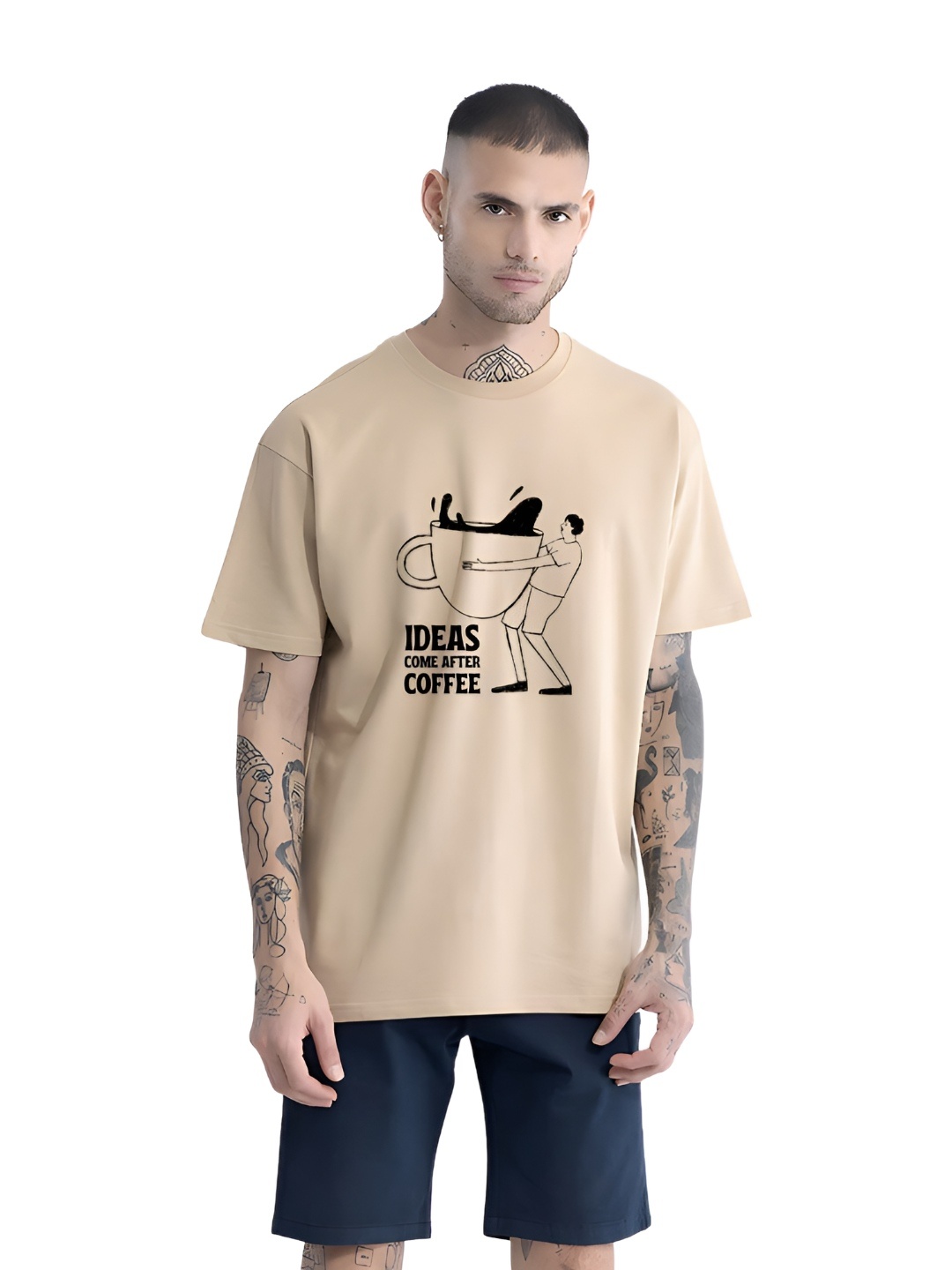 

TBS- THE BARGAIN STREET Men Bio Finish Graphic Printed Round Neck Cotton Oversized T-shirt, Beige