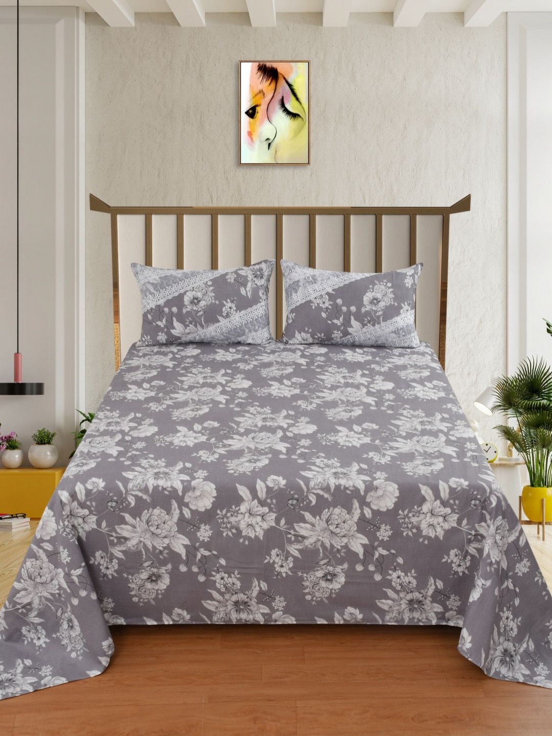 

BELVOSTUM Grey & Off White Floral 250 TC King Bedsheet with 2 Pillow Covers