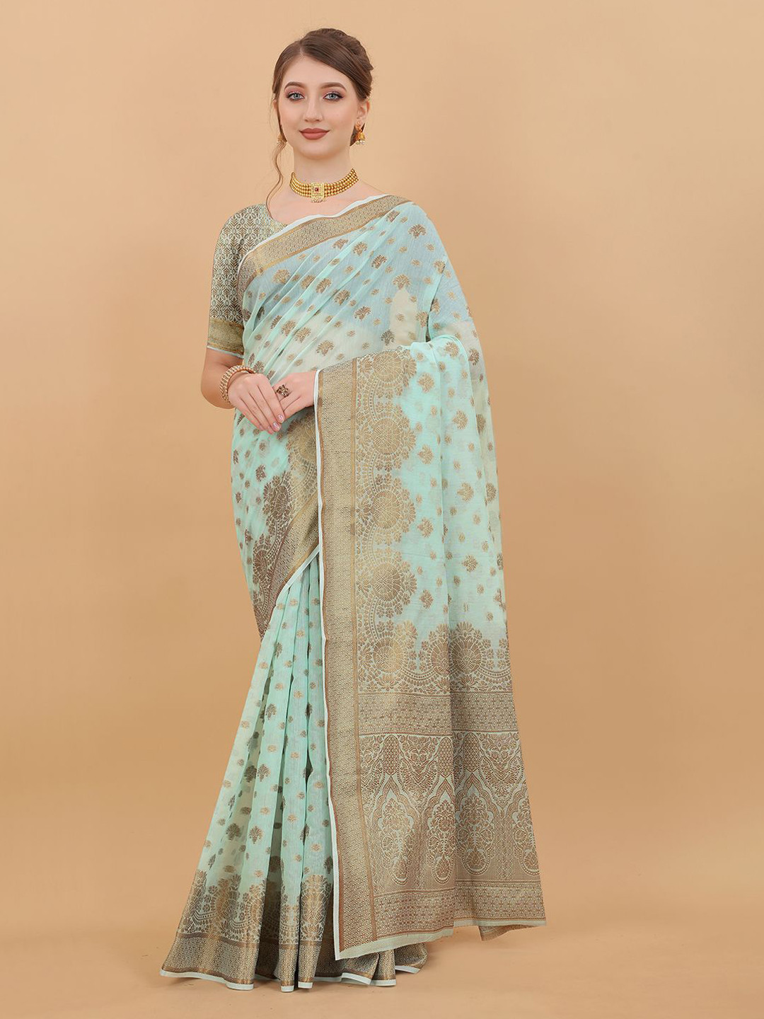 

NIWAA Woven Design Zari Pure Cotton Banarasi Saree, Blue