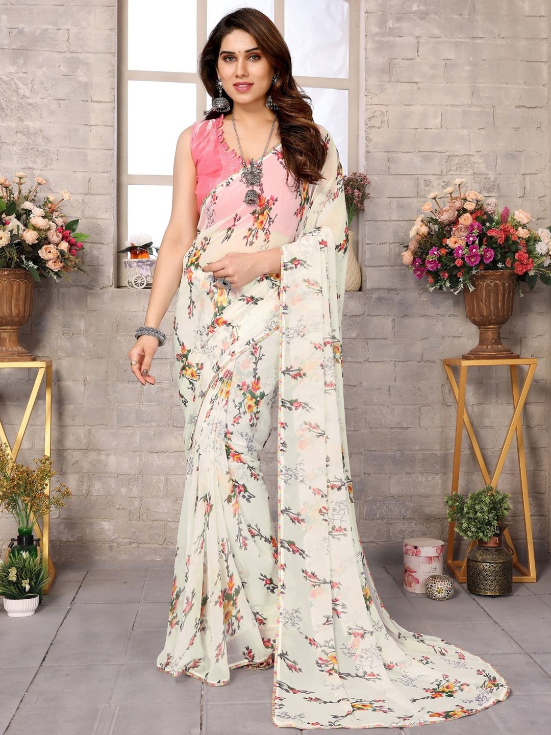 

KALINI Floral Printed Pure Georgette Ready to Wear Saree, Cream
