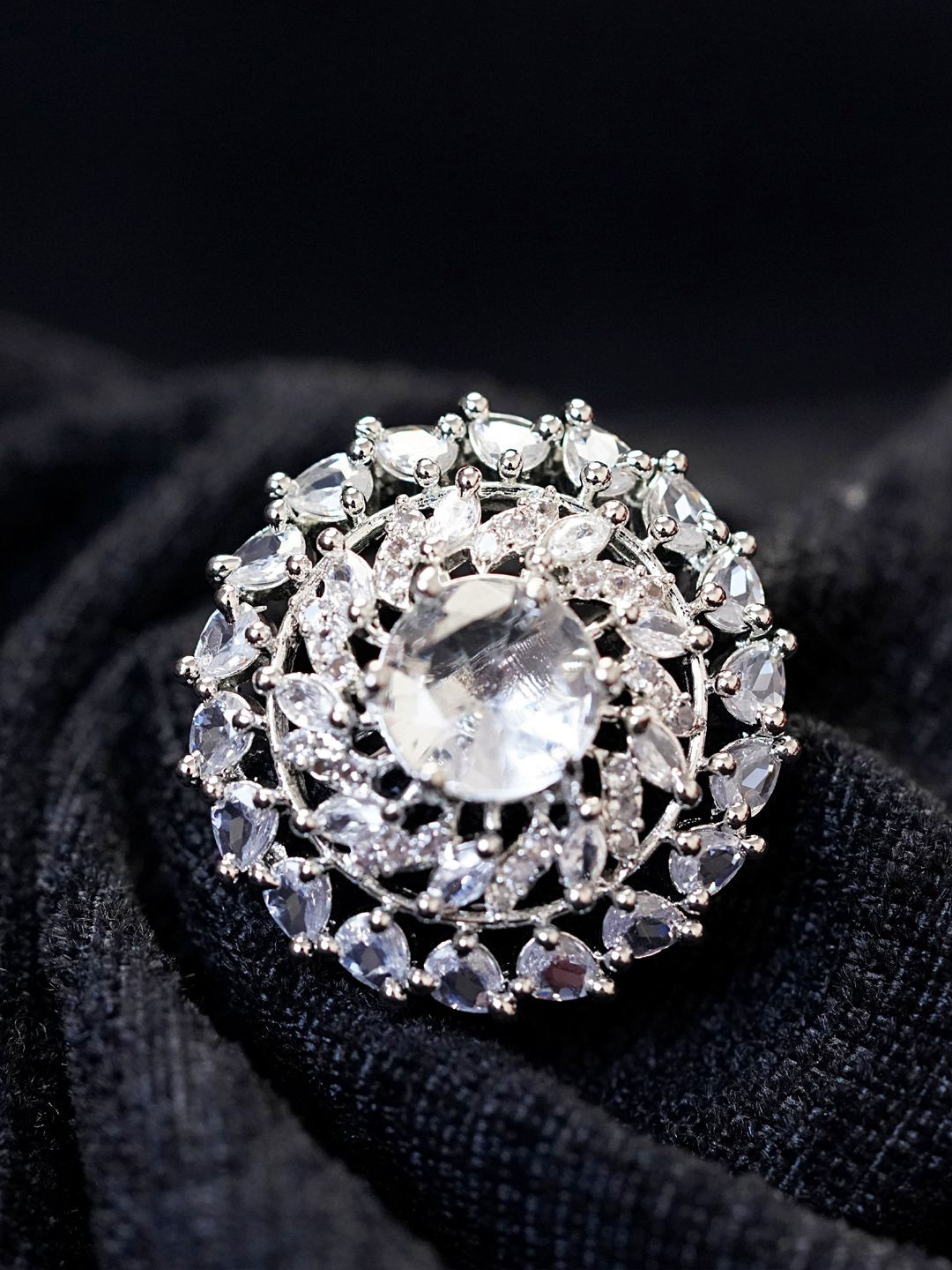 

Zoey Silver-Plated American Diamond-Studded Adjustable Finger Ring