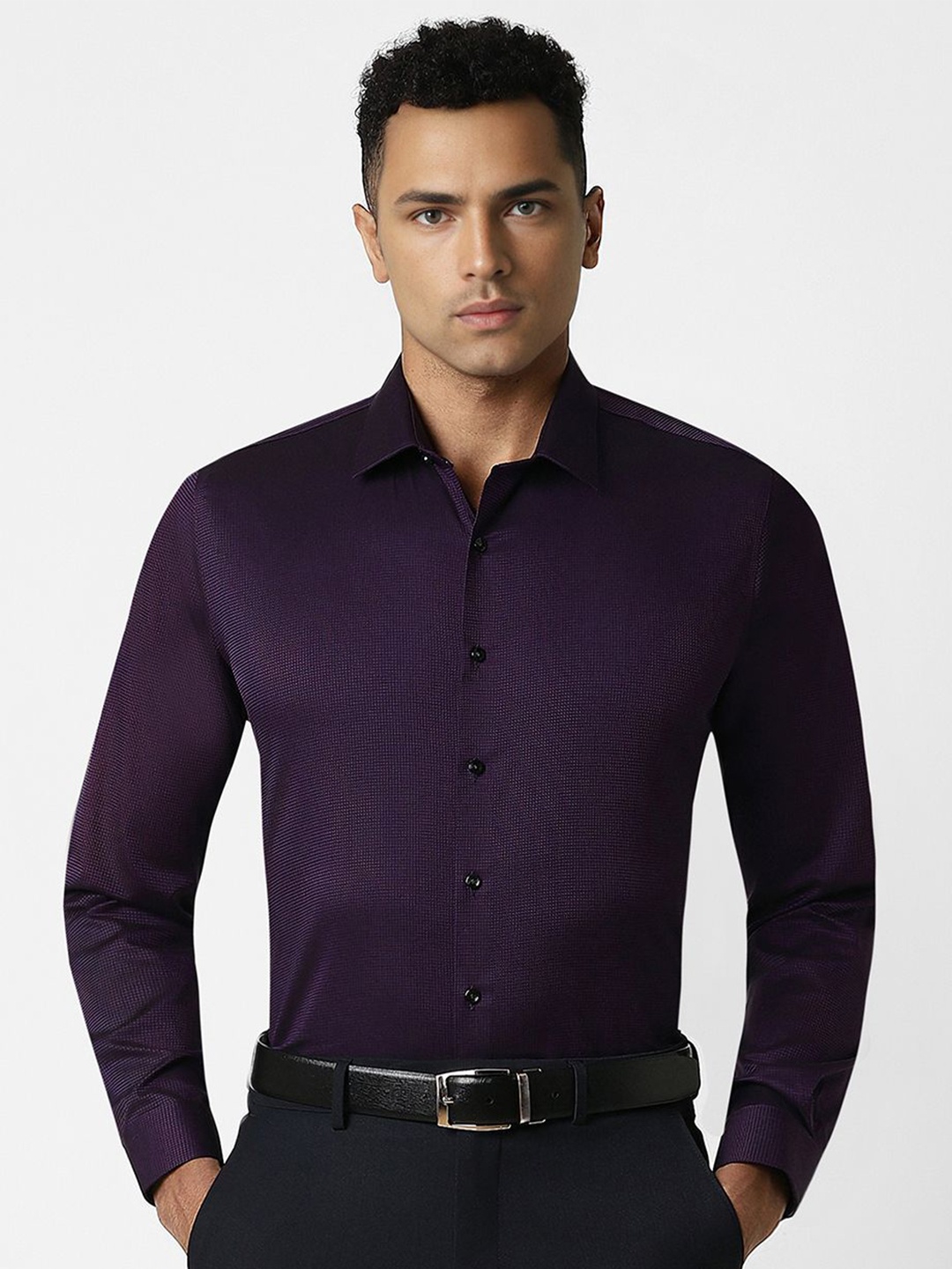 

Van Heusen Men Spread Collar Textured Cotton Slim Fit Formal Shirt, Purple