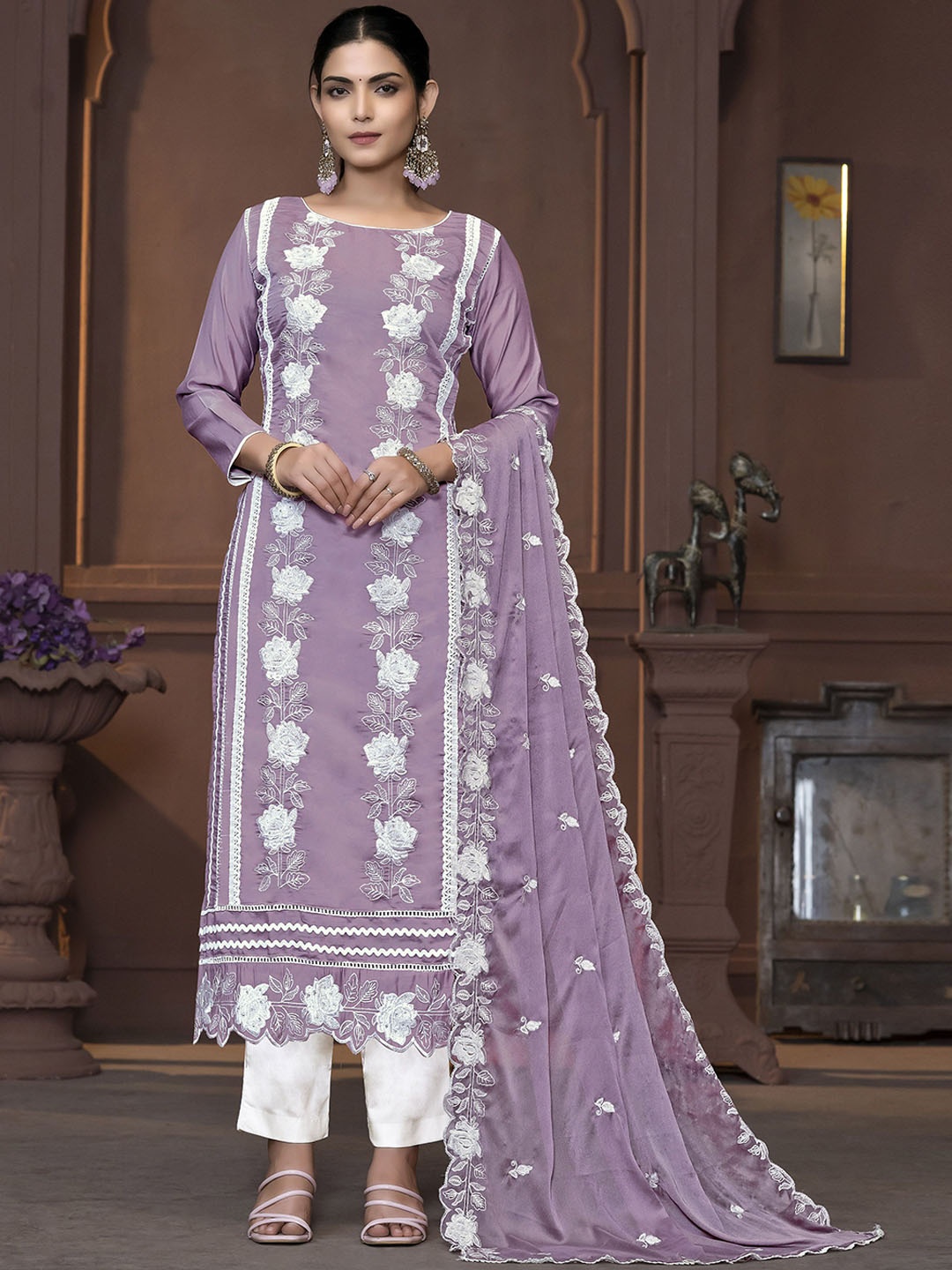 

MANVAA Floral Embroidered Unstitched Dress Material, Purple