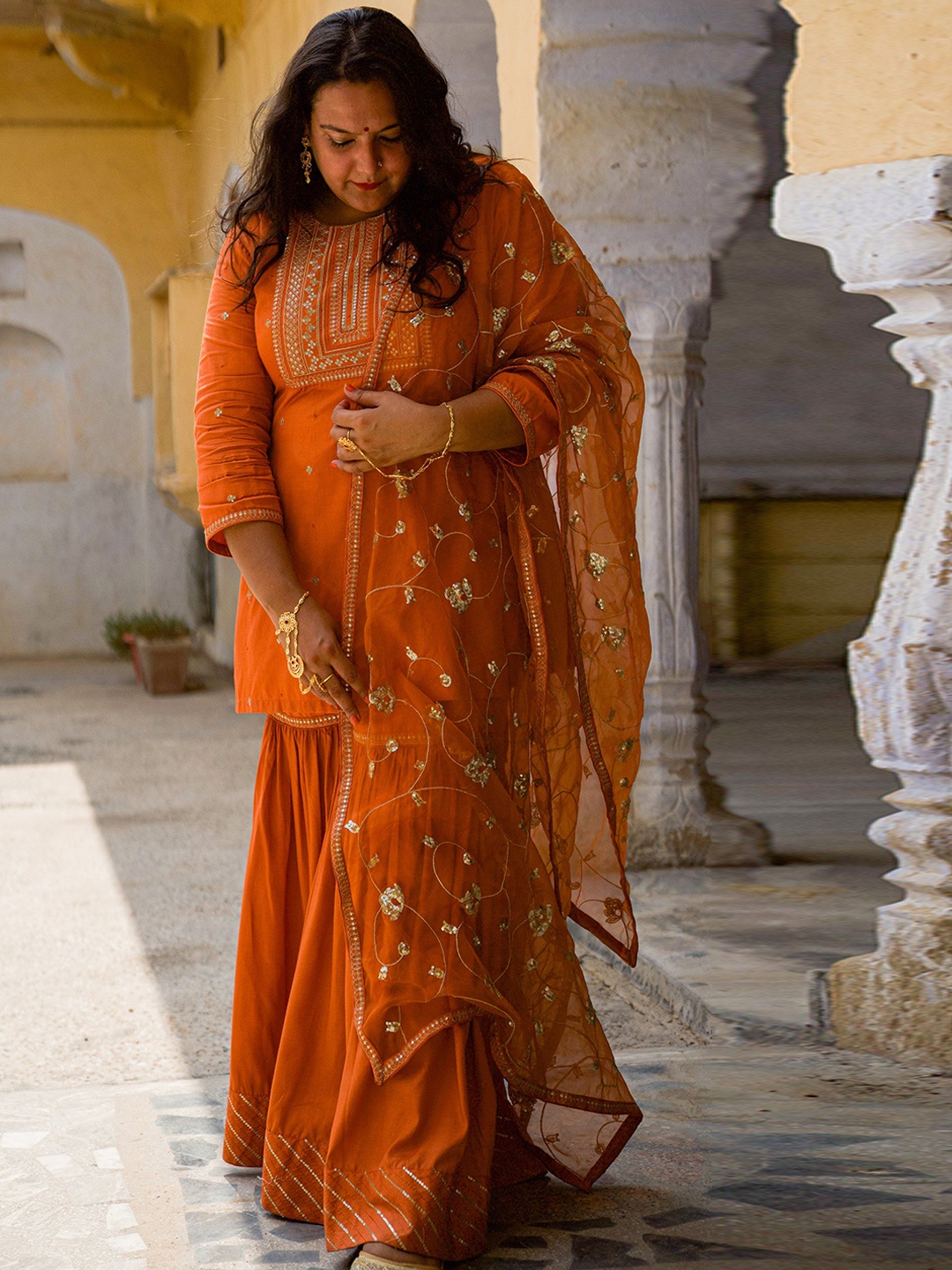 

PINK CACTII Floral Yoke Design Gotta Patti Kurti with Sharara & Dupatta, Orange