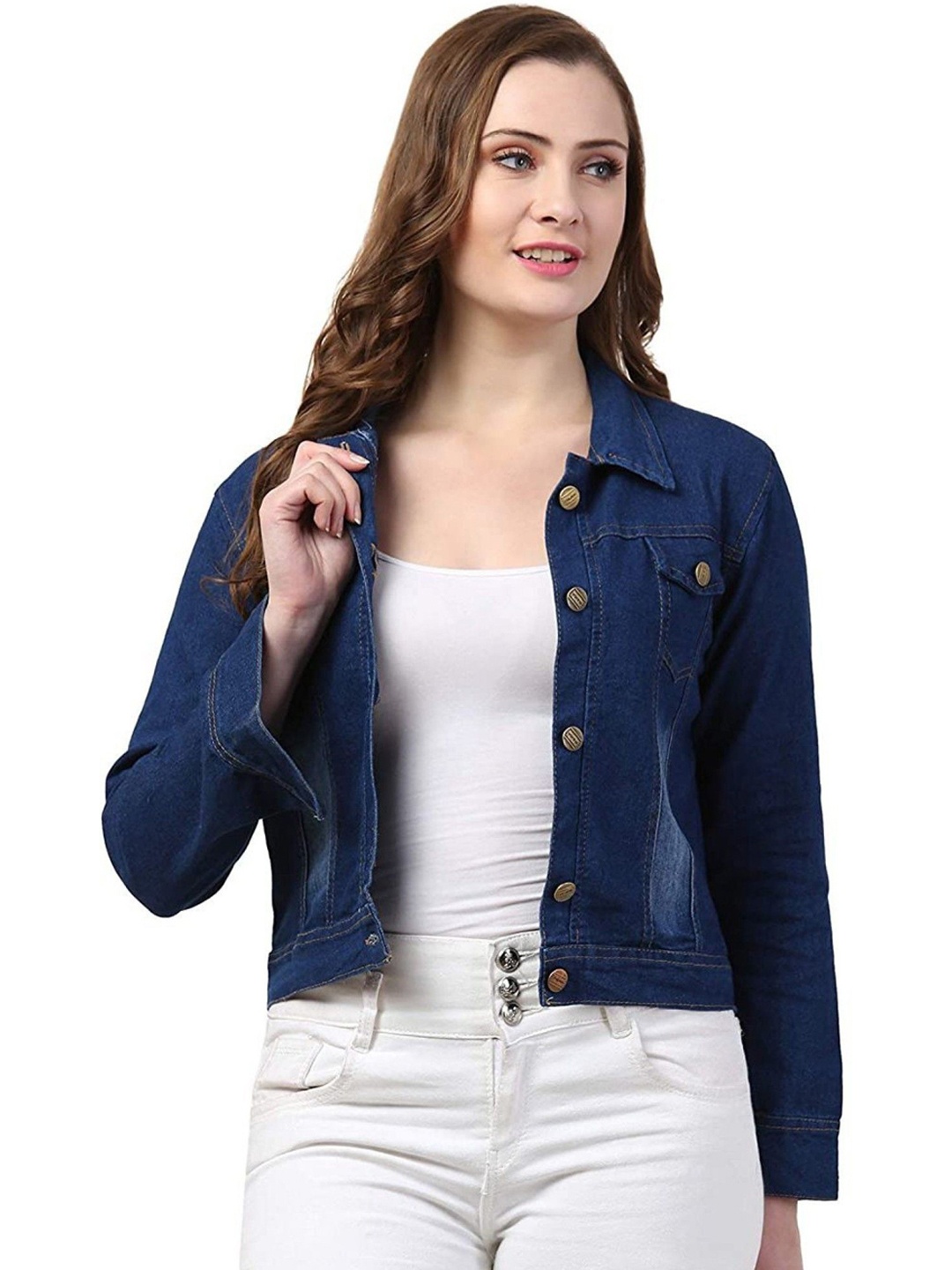 

Cloth Bites Women Solid Spread Collar Denim Jacket, Blue