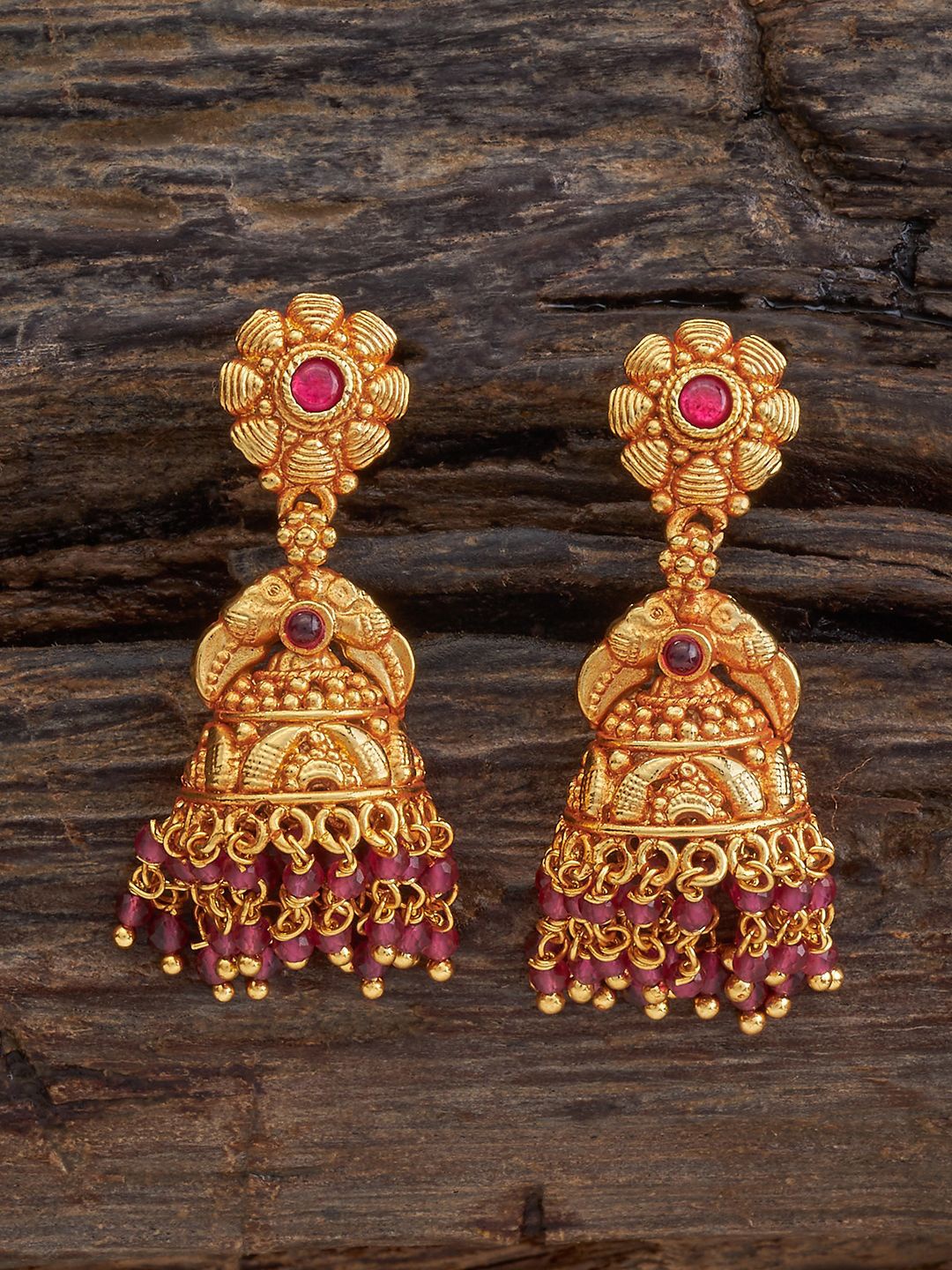 

Kushal's Fashion Jewellery Gold-Plated Dome Shaped Artificial Stones Jhumkas Earrings, Red