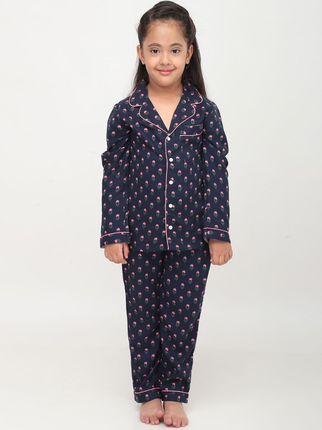 

Biglilpeople Girls Floral Printed Lapel Collar Pure Cotton Night suit, Blue