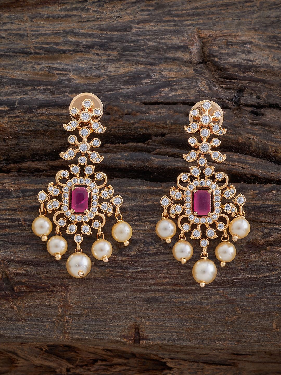 

Kushal's Fashion Jewellery Gold-Plated Cubic Zirconia Studded Leaf Shaped Drop Earrings