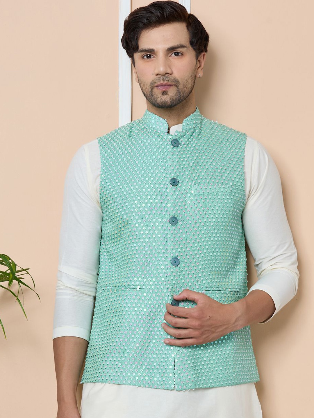 

See Designs Embellished Pure Cotton Nehru Jacket, Green