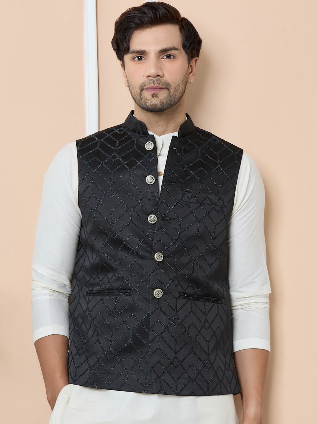 

See Designs Woven Design Mandarin Collar Neck Nehru Jacket, Black