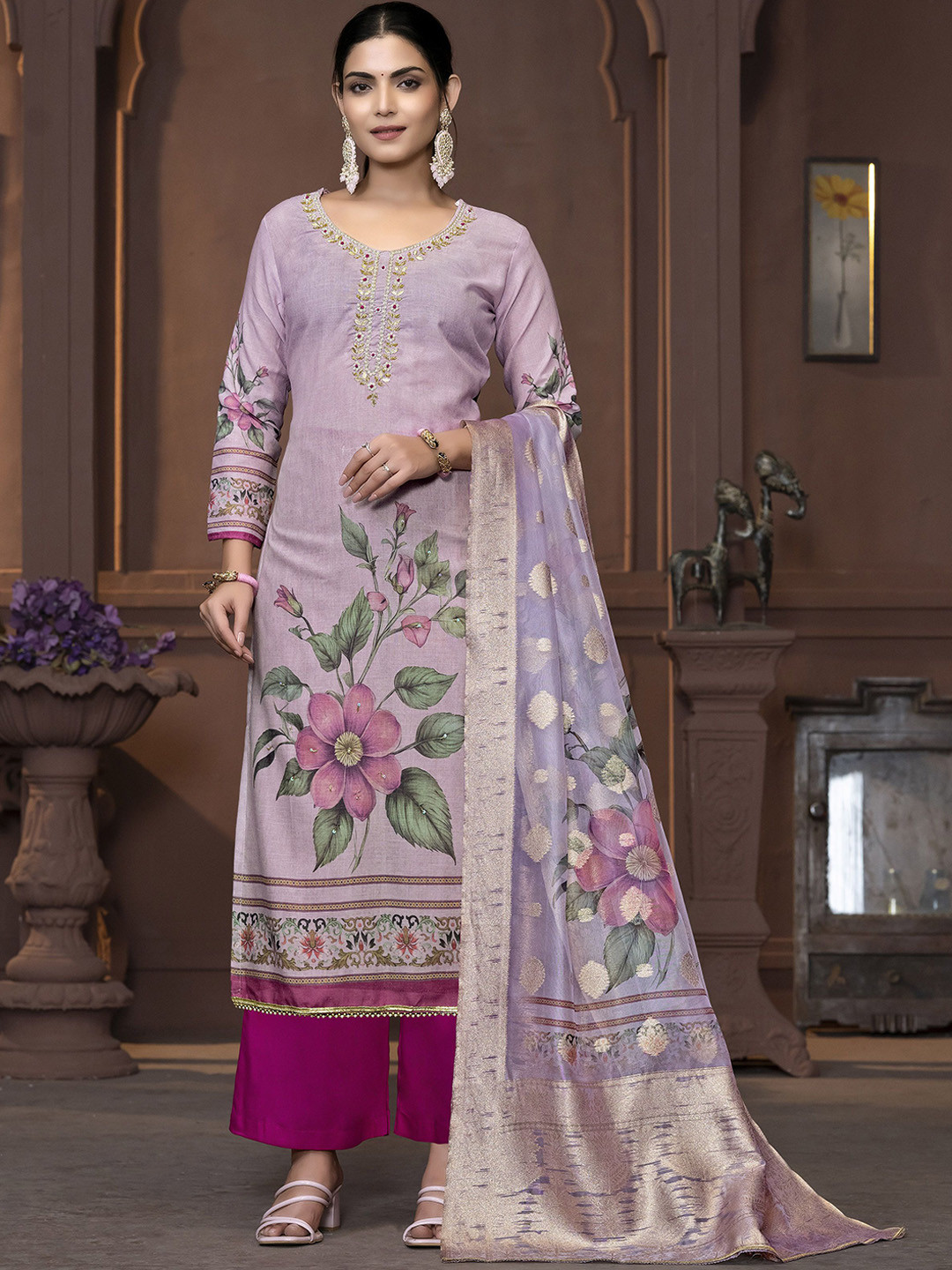 

Maroosh Embellished Unstitched Dress Material, Pink